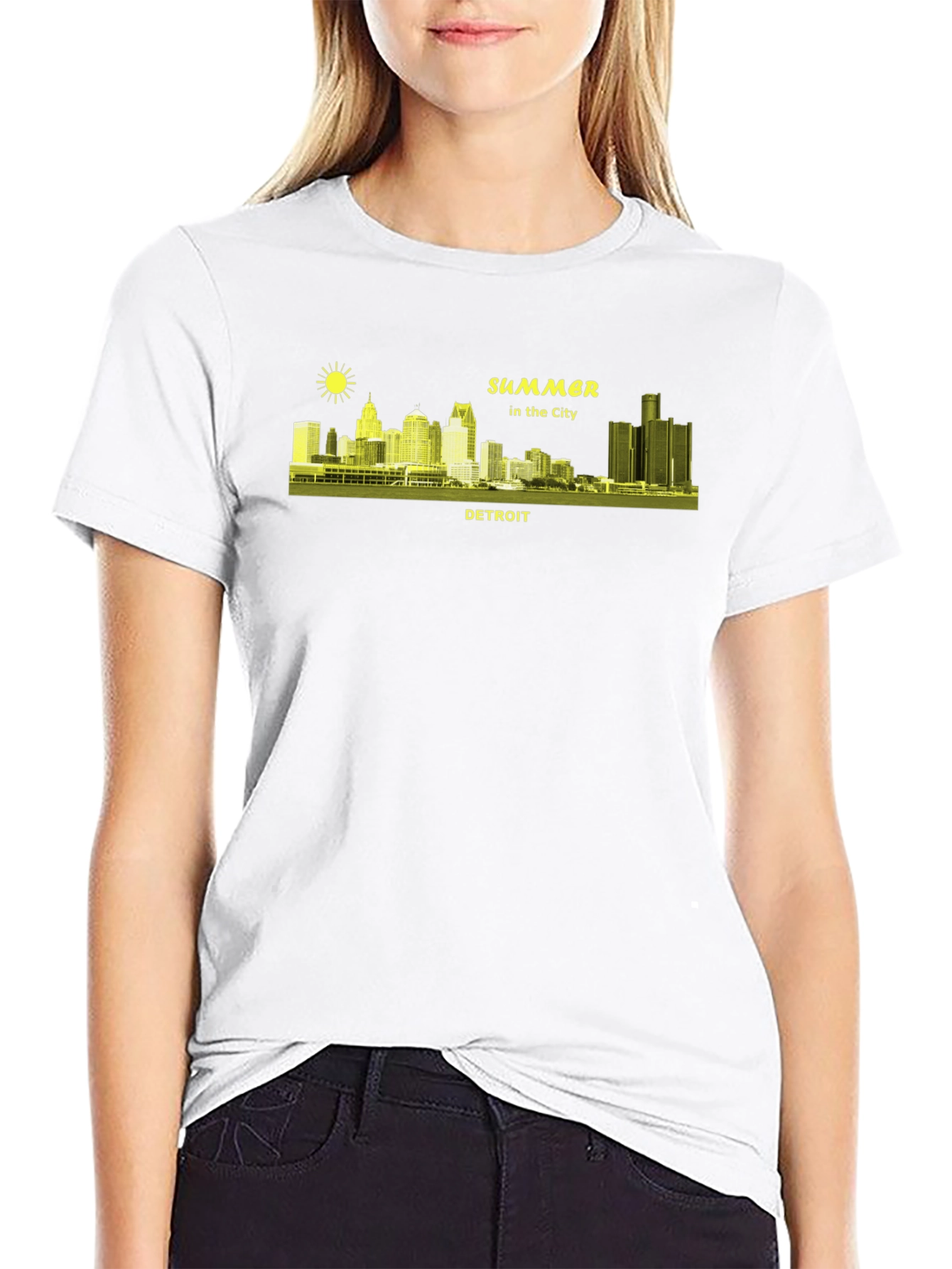 Detroit Summer Cityscape Black T-Shirt