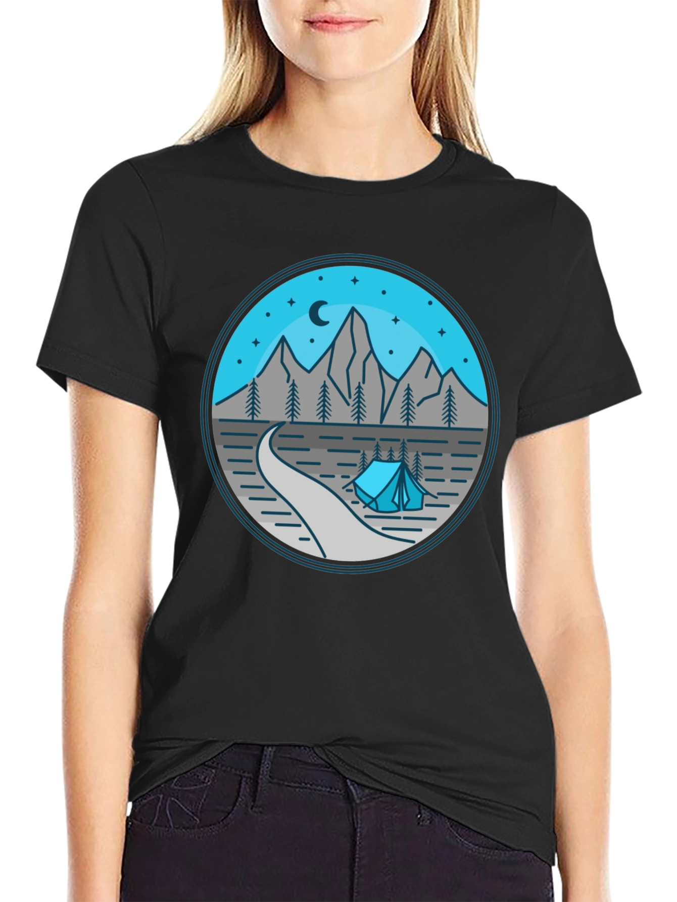 Mountain Camping Graphic Tee - Black Cotton Shirt