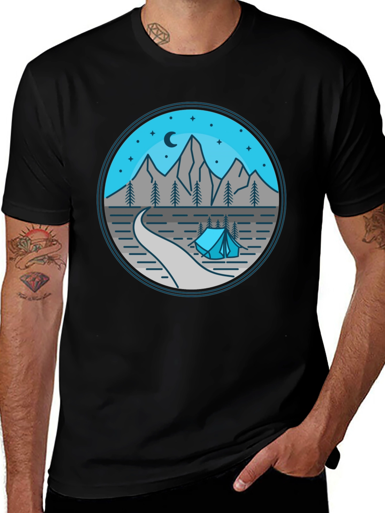 Mountain Camping Graphic Tee - Black Cotton Shirt