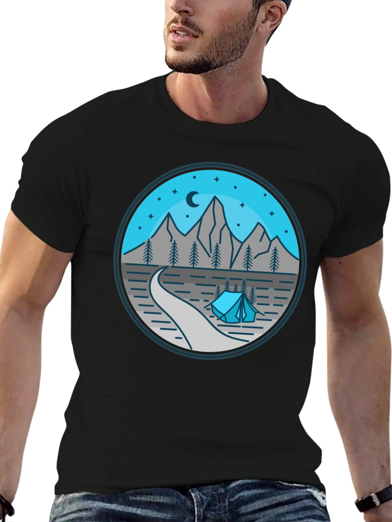 Mountain Camping Graphic Tee - Black Cotton Shirt