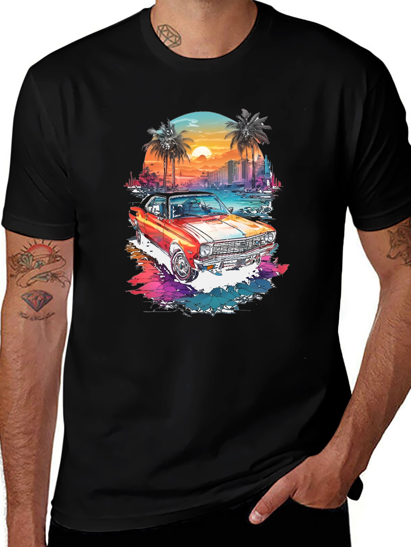 Retro Car Graphic Tee - Sunset Beach Design