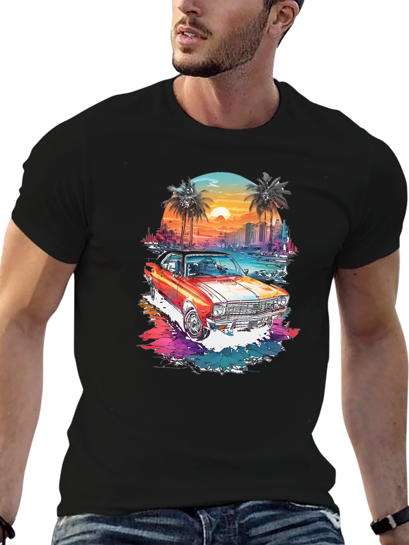 Retro Car Graphic Tee - Sunset Beach Design