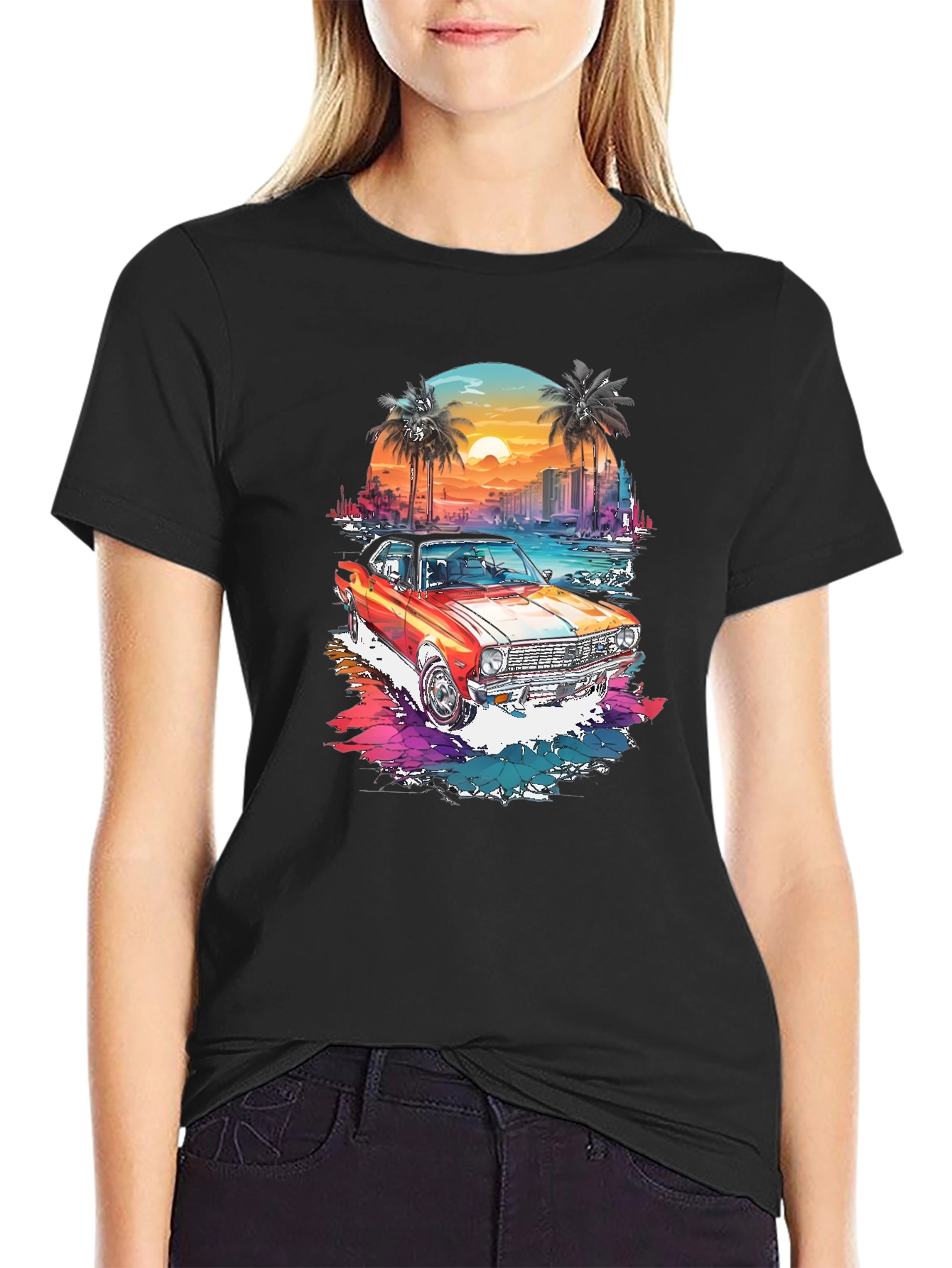 Retro Car Graphic Tee - Sunset Beach Design