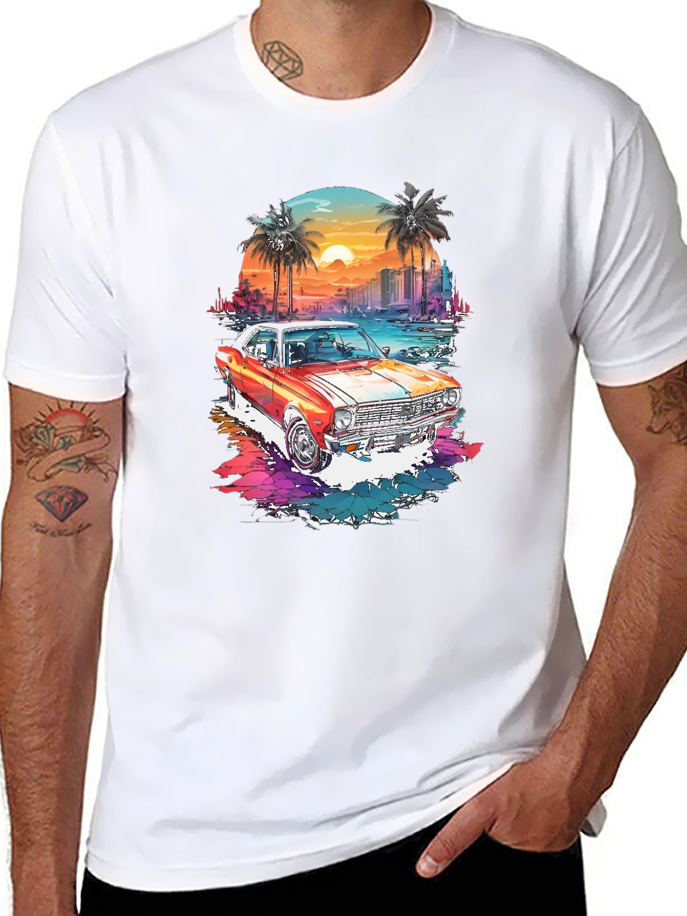 Retro Car Graphic Tee - Sunset Beach Design