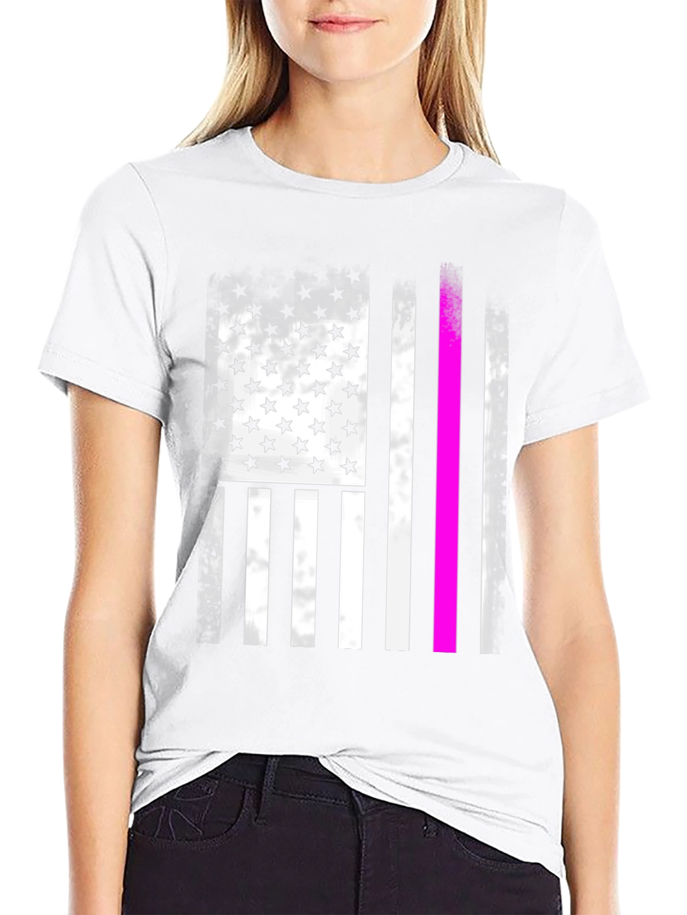 Distressed American Flag T-Shirt with Pink Line