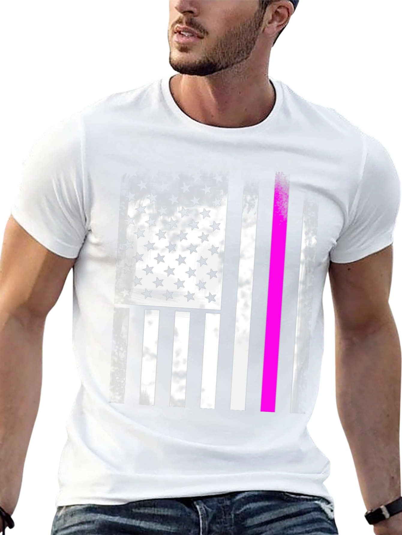 Distressed American Flag T-Shirt with Pink Line