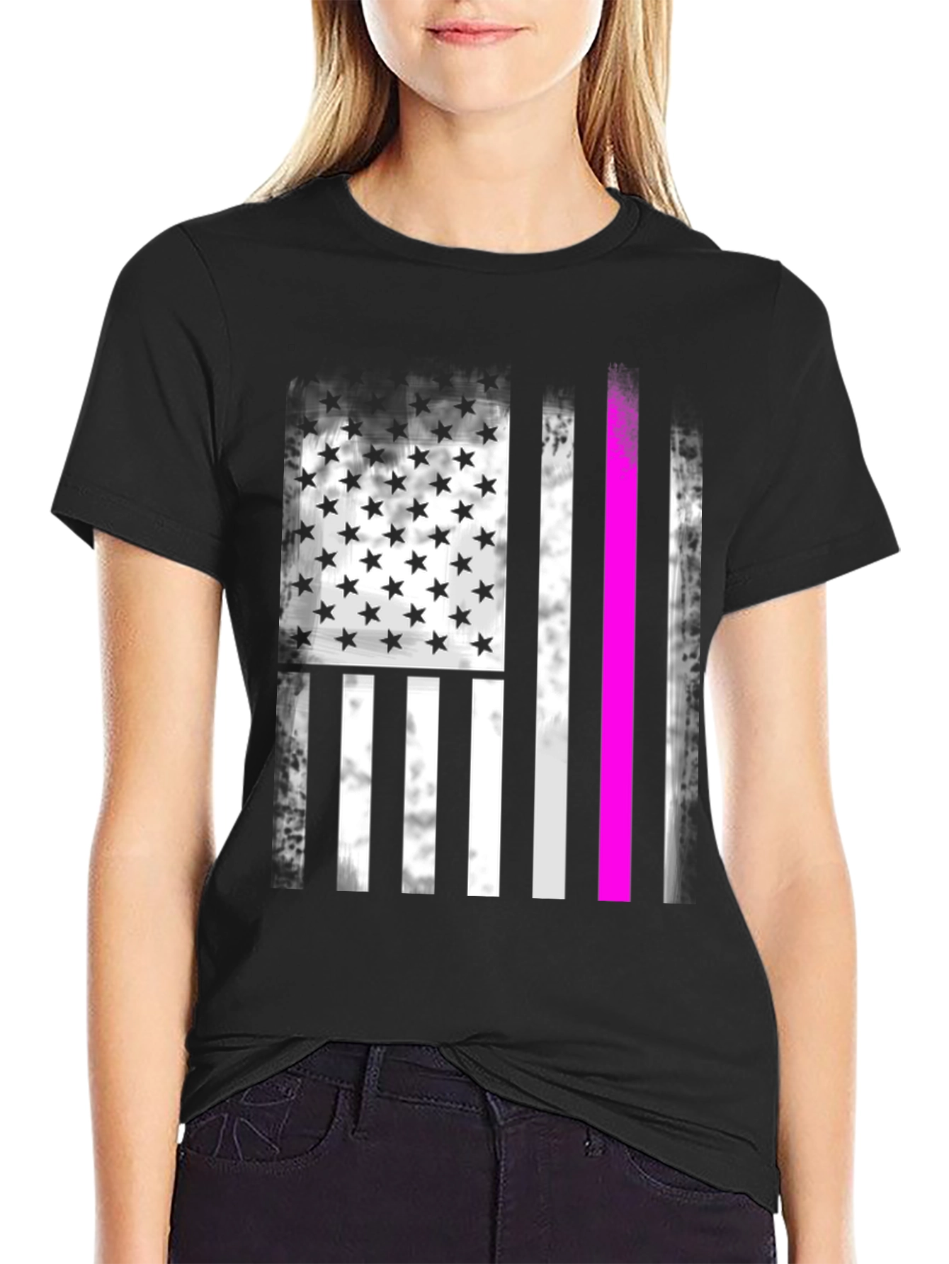 Distressed American Flag T-Shirt with Pink Line