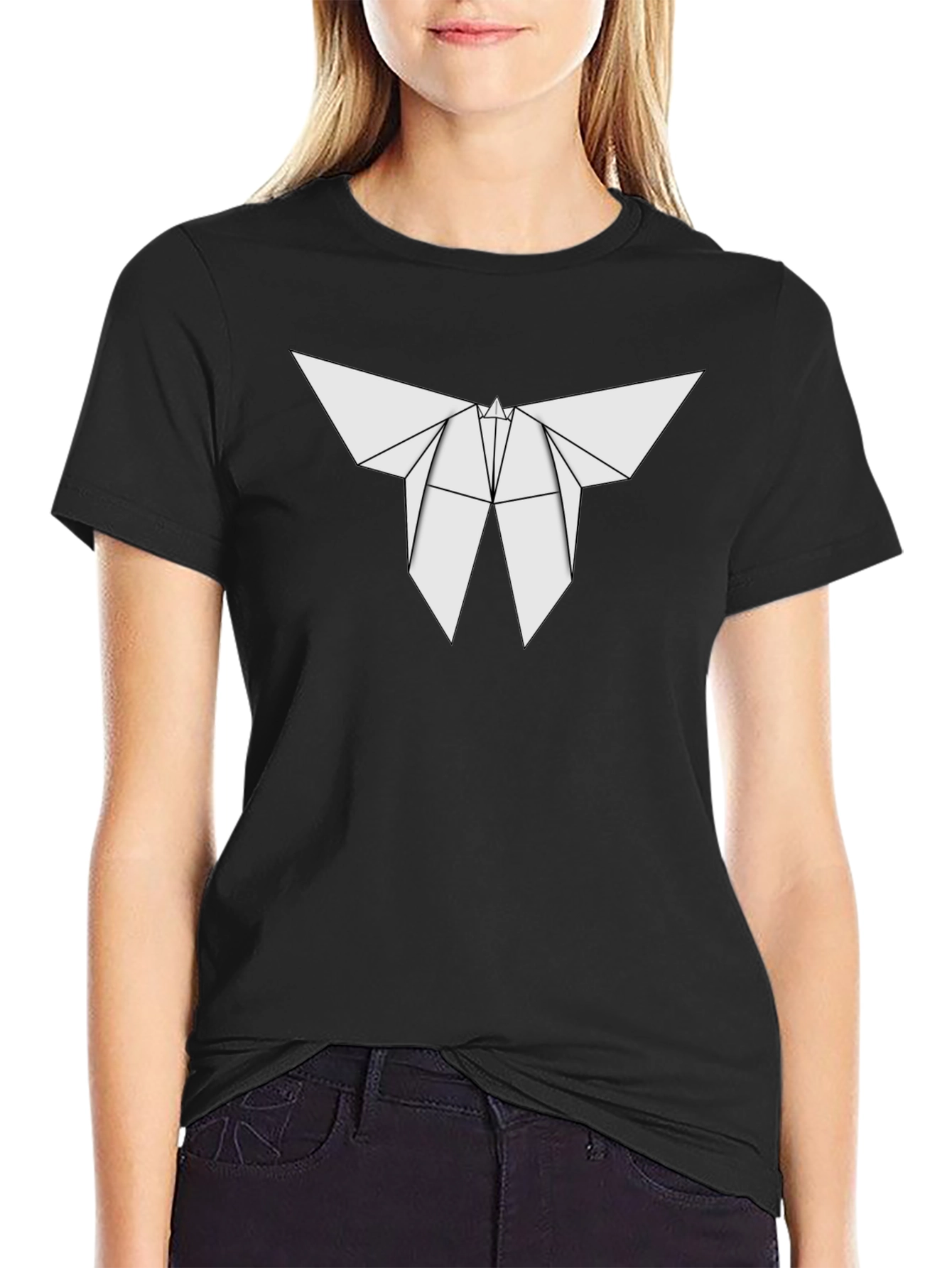 Geometric Origami Butterfly Graphic Tee - Black
