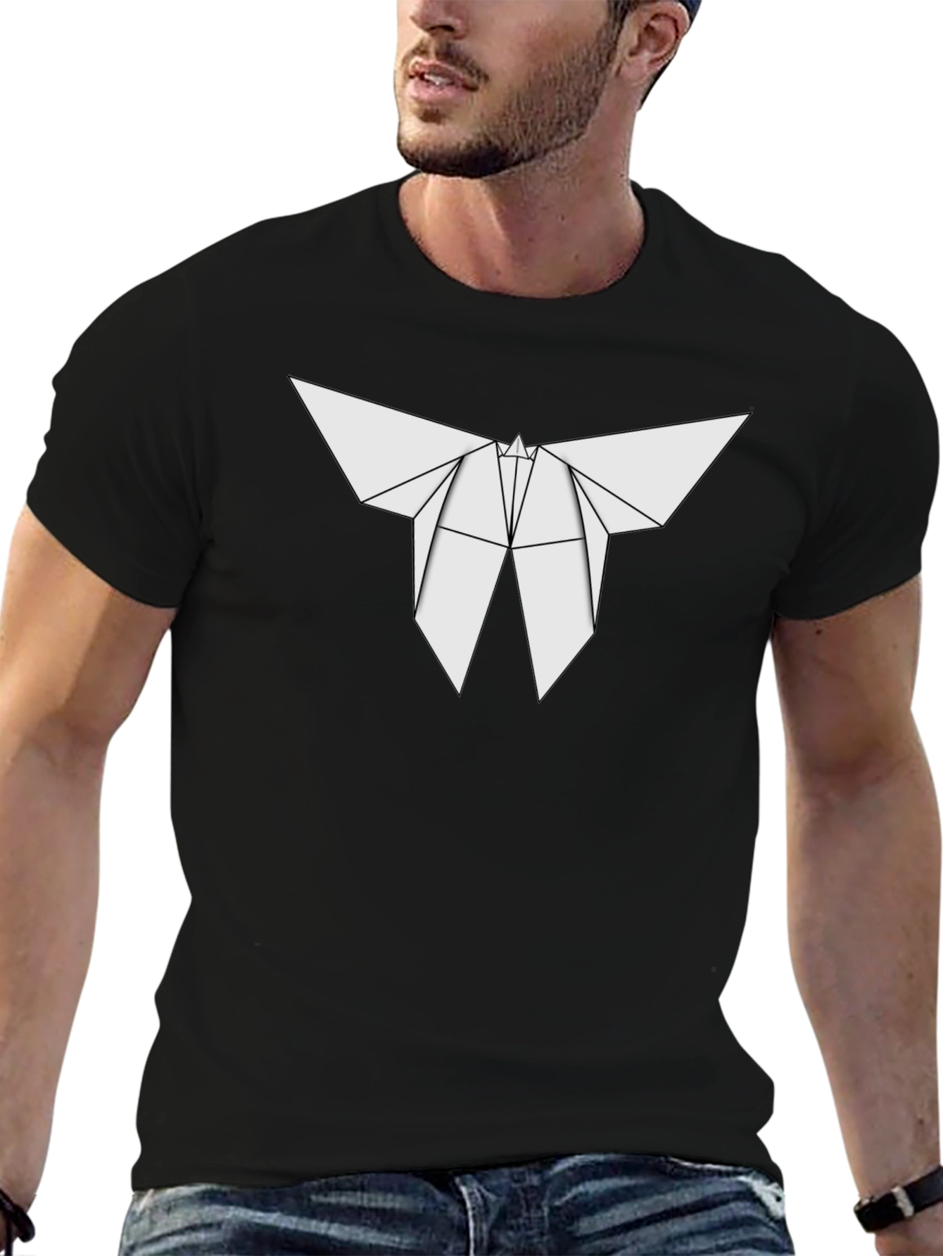 Geometric Origami Butterfly Graphic Tee - Black