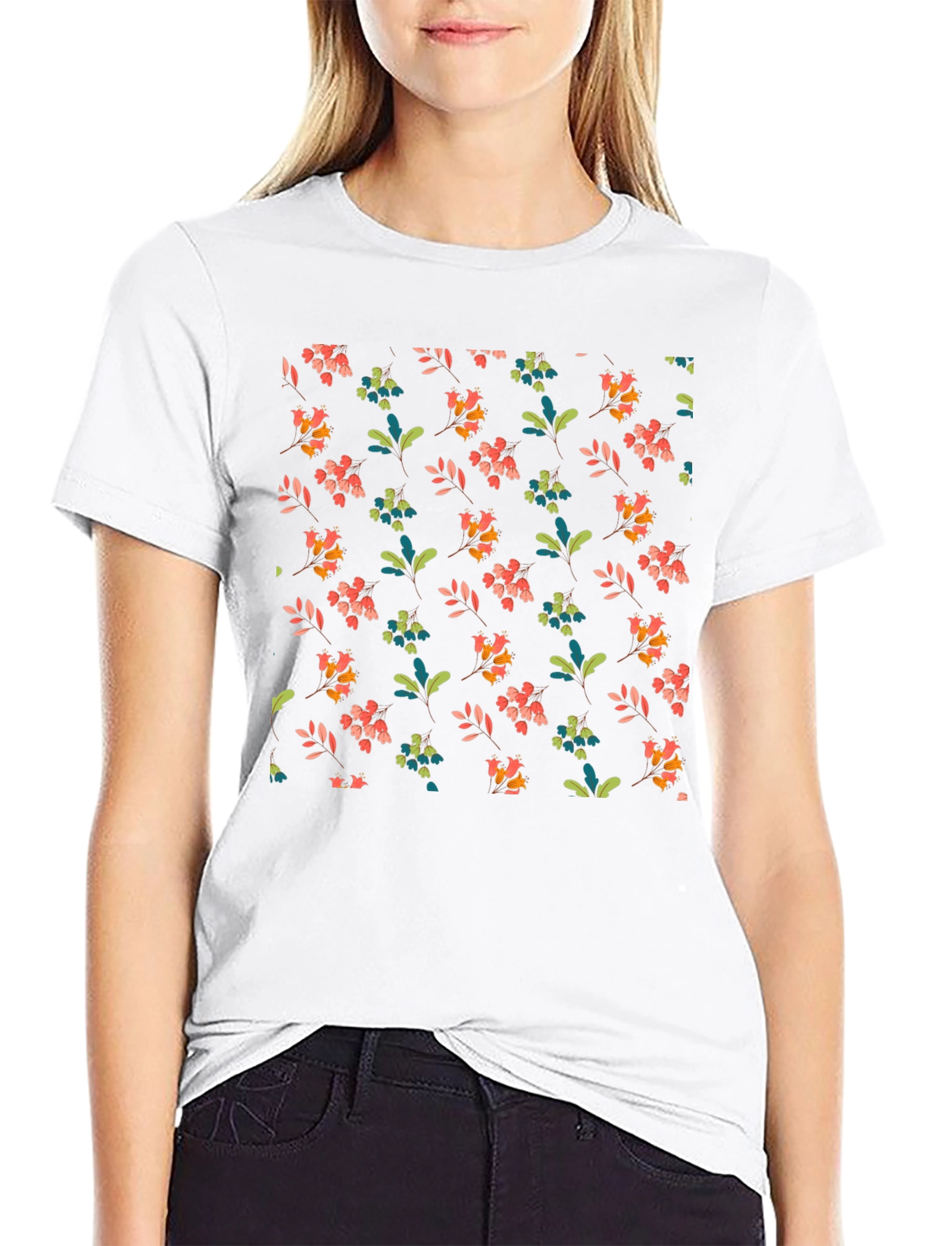 Floral Pattern Black Cotton Casual T-Shirt