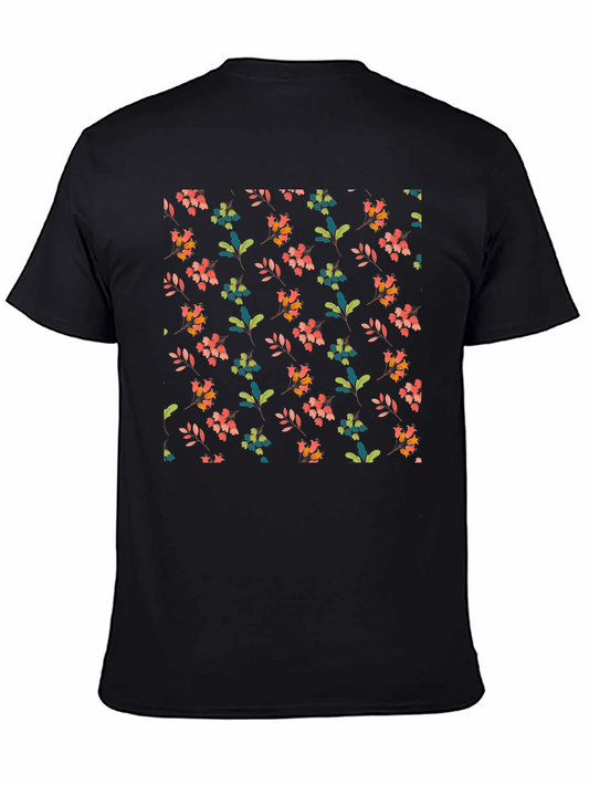 Floral Pattern Black Cotton Casual T-Shirt