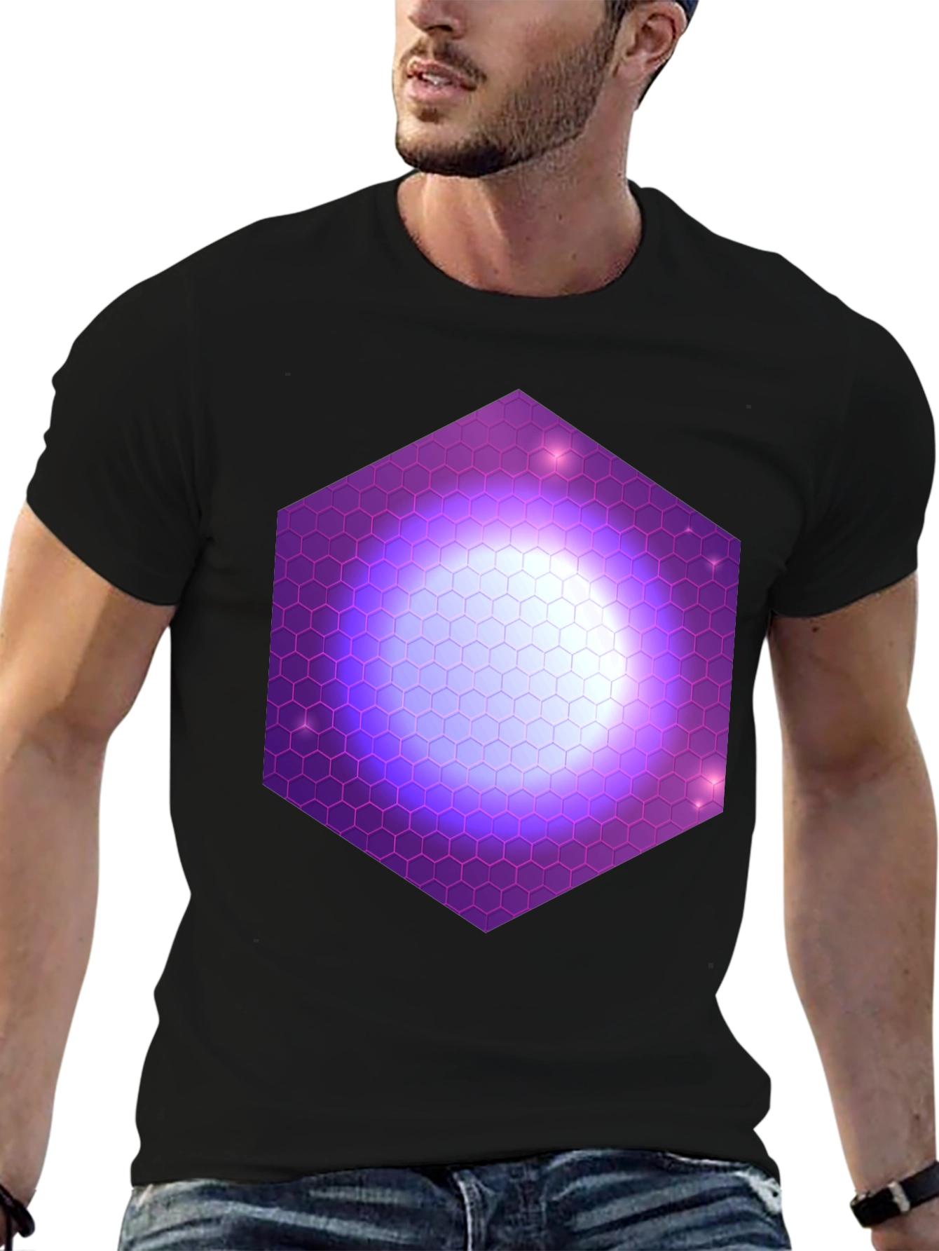 Hexagon Nebula Graphic Tee - Black Cotton T-Shirt