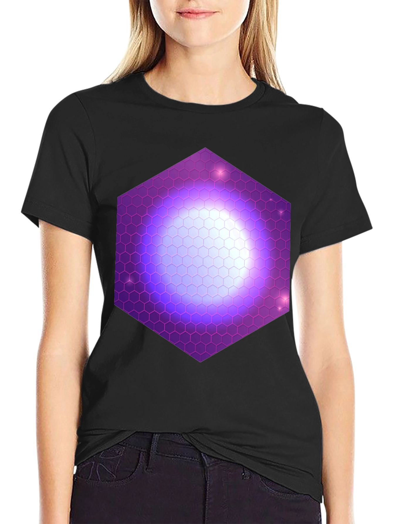 Hexagon Nebula Graphic Tee - Black Cotton T-Shirt