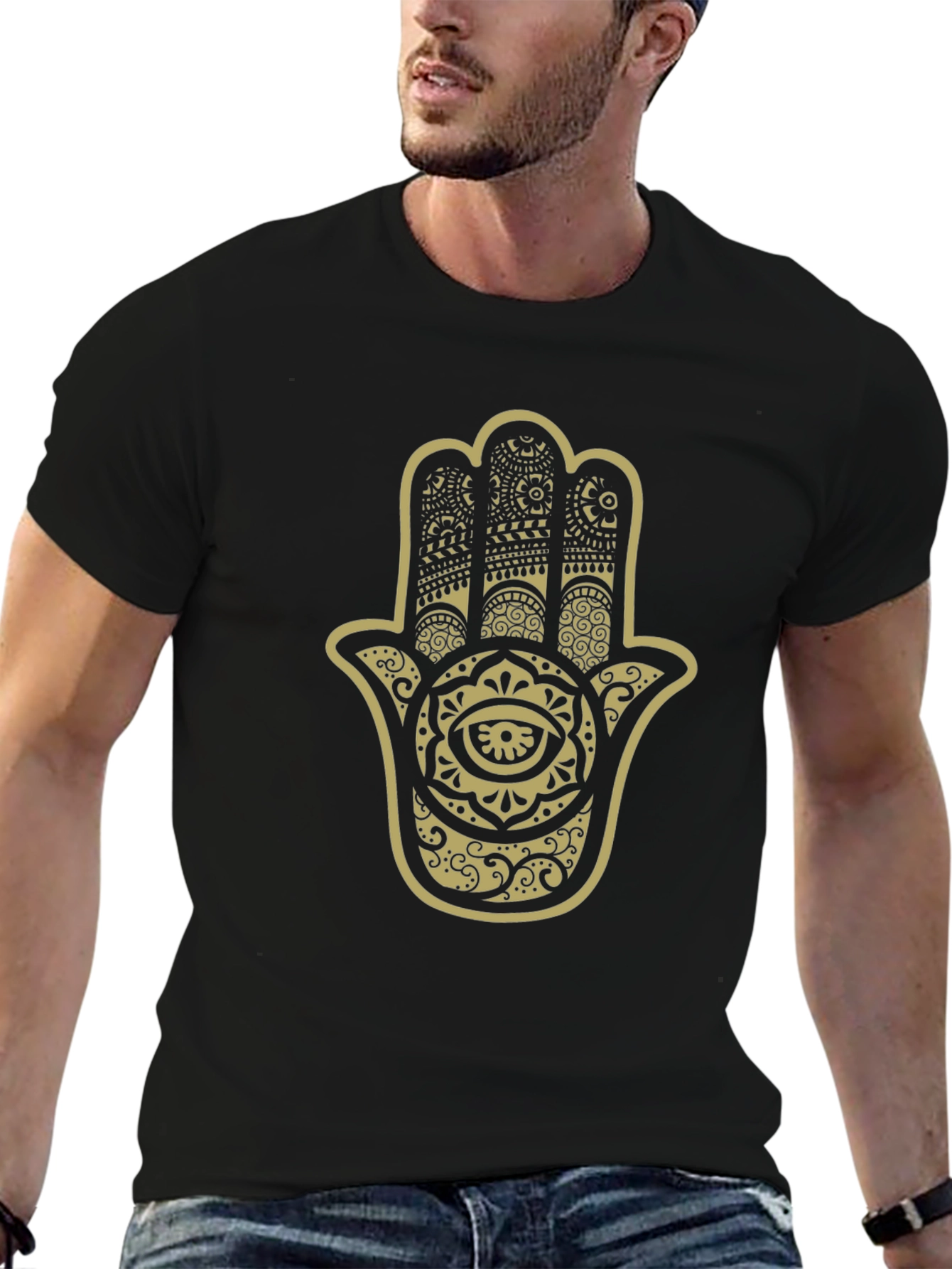 Hamsa Hand Graphic Print Black T-Shirt