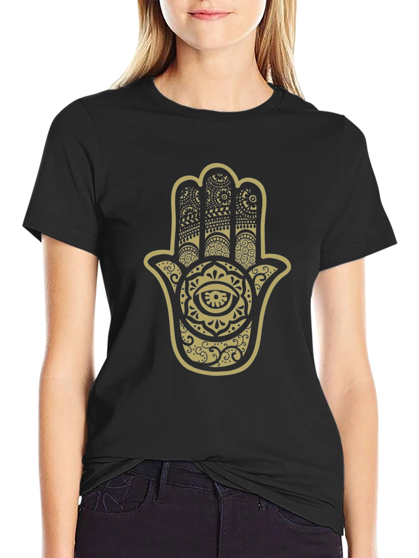 Hamsa Hand Graphic Print Black T-Shirt
