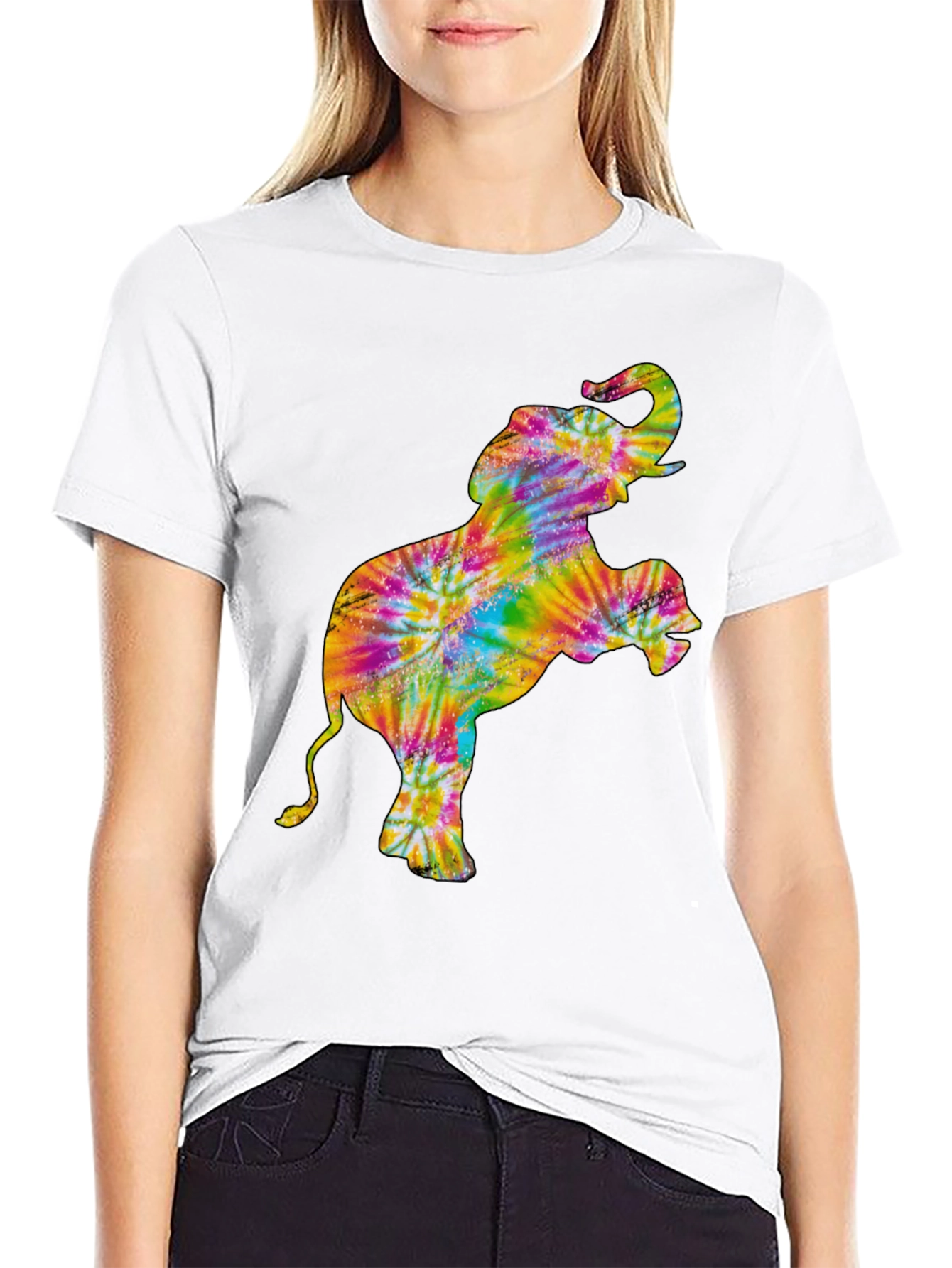 Tie-Dye Elephant Graphic Black T-Shirt