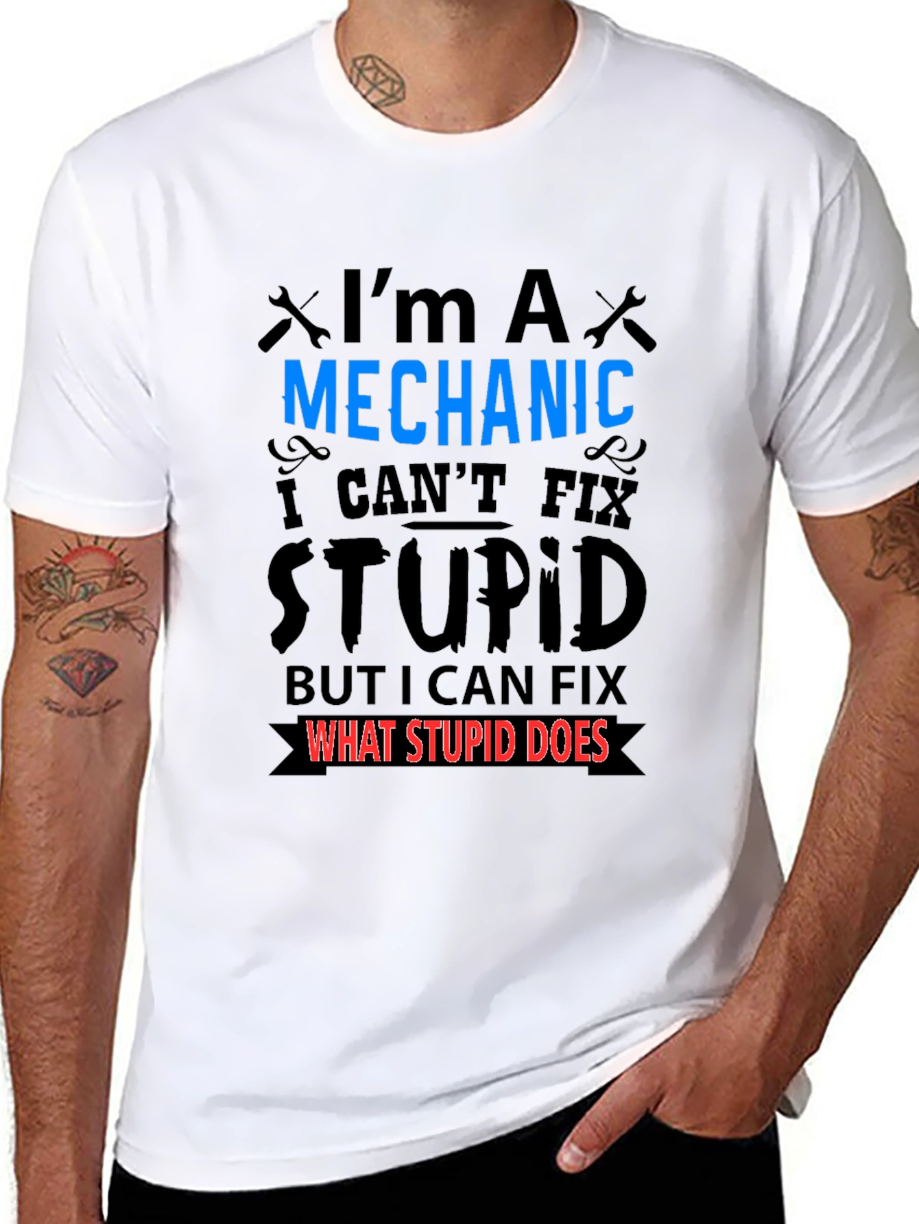 Mechanic Fixes What Stupid Does Black T-Shirt