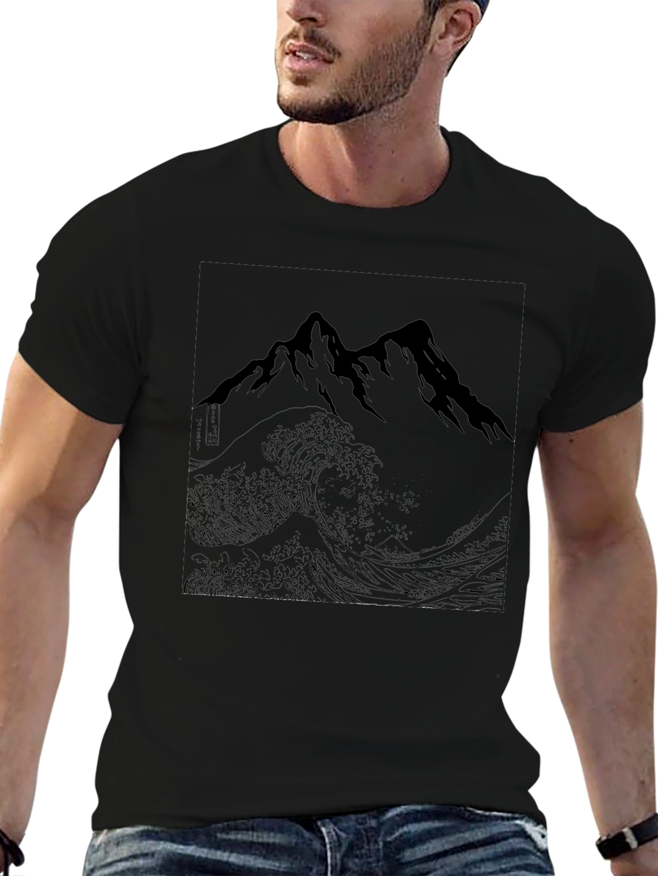 Black T-Shirt with Mountain Wave Graphic