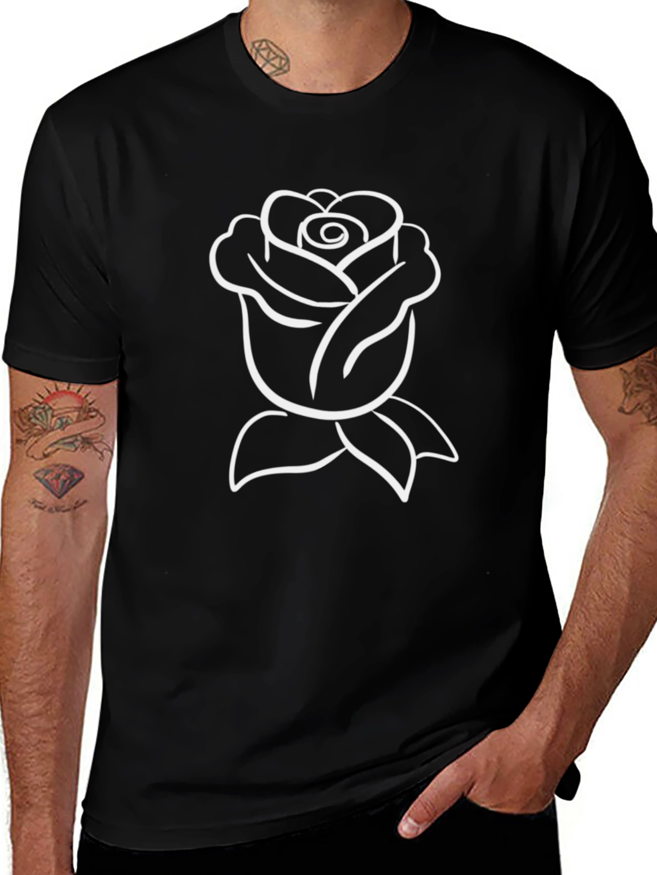 Black T-Shirt with Rose Design