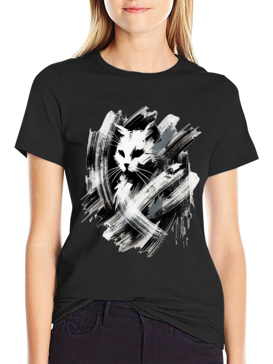 Abstract Cat Graphic Tee - Black Cotton T-Shirt