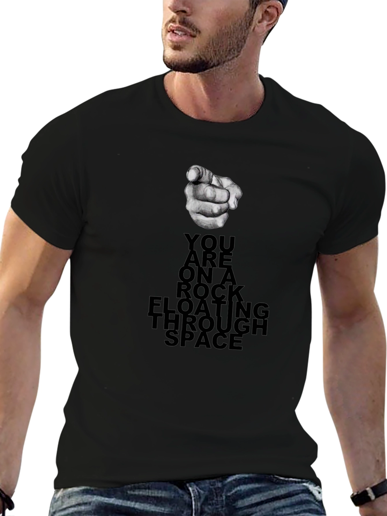 Rock Floating Through Space Black Graphic Tee