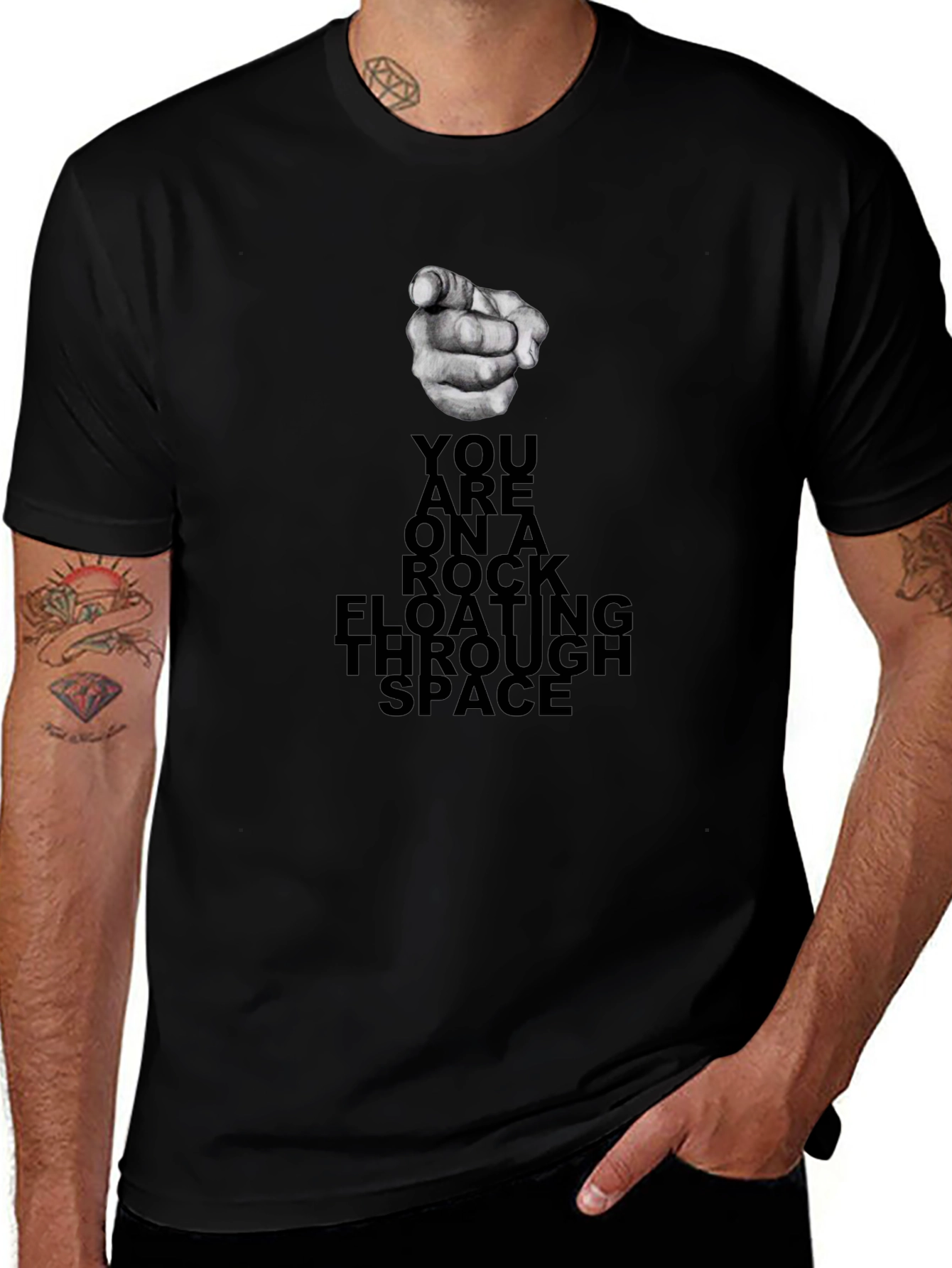 Rock Floating Through Space Black Graphic Tee