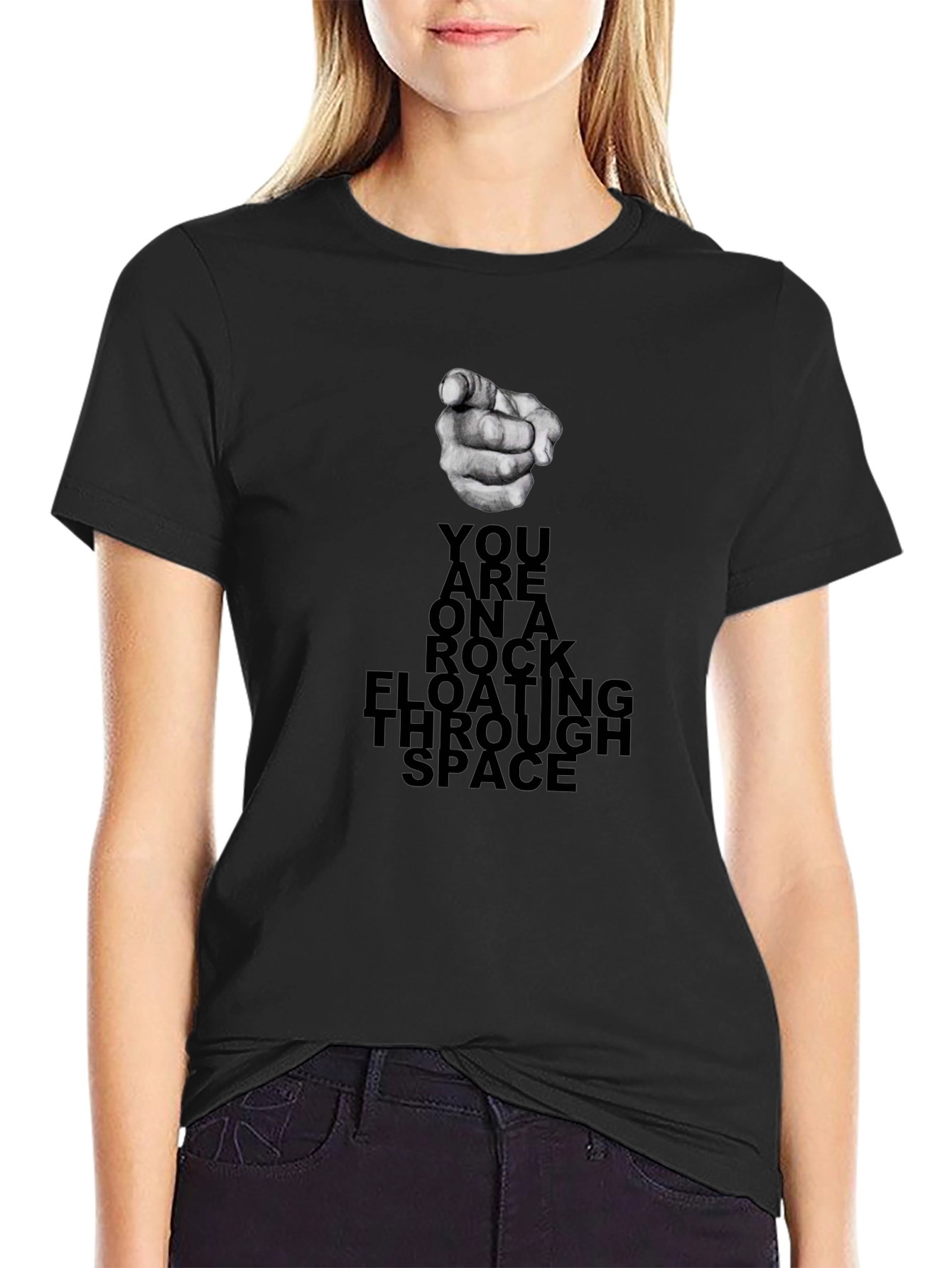 Rock Floating Through Space Black Graphic Tee