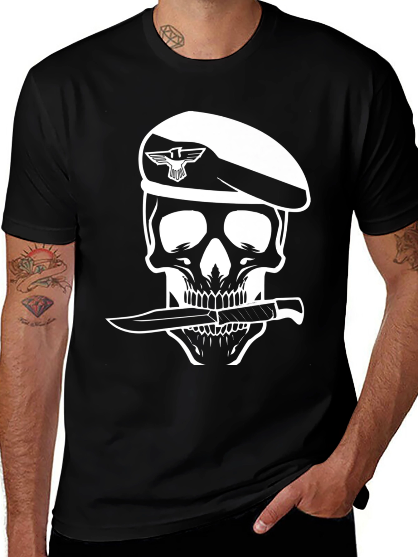Skull Beret Knife T-Shirt - Edgy Graphic Tee