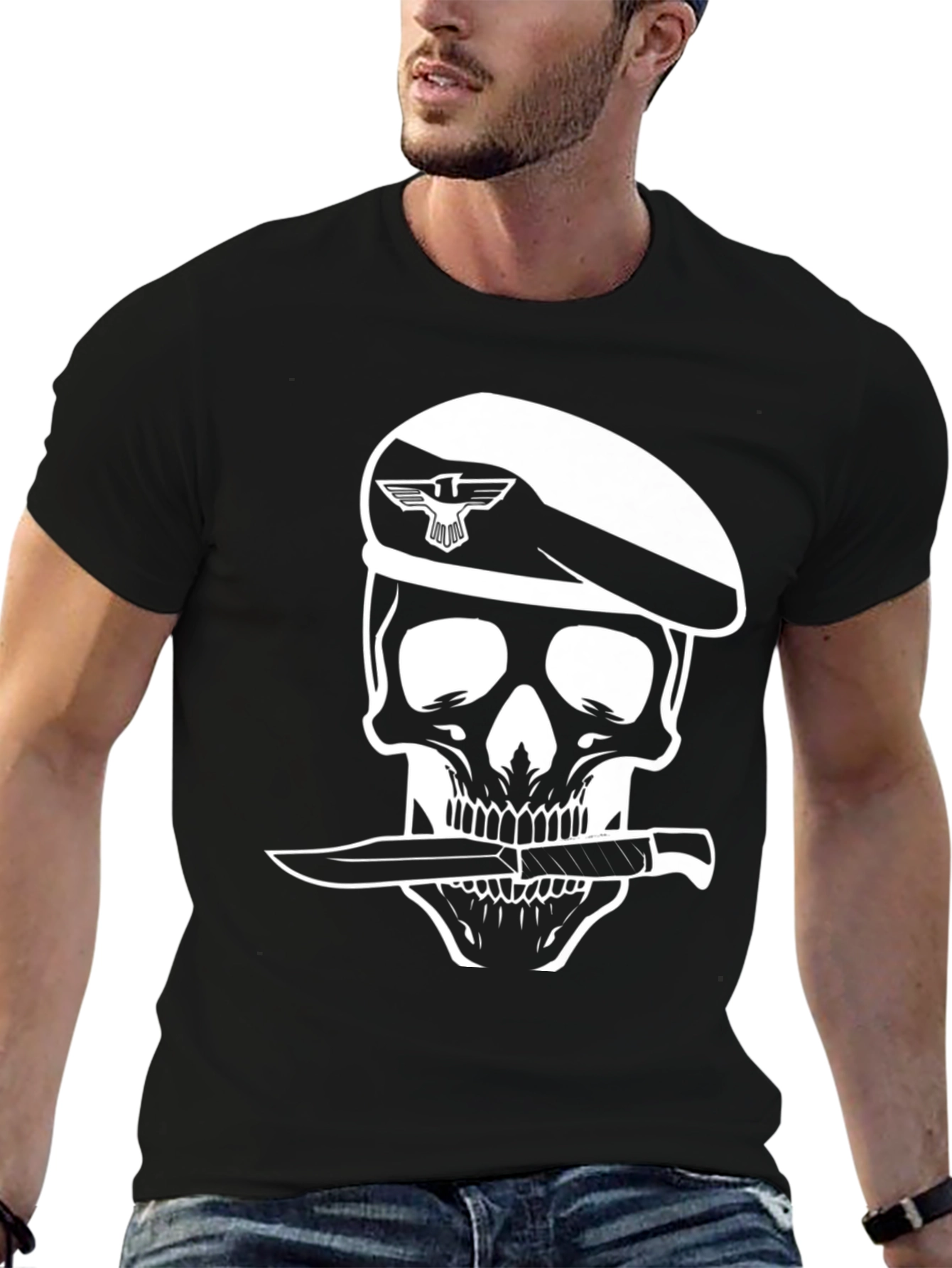 Skull Beret Knife T-Shirt - Edgy Graphic Tee