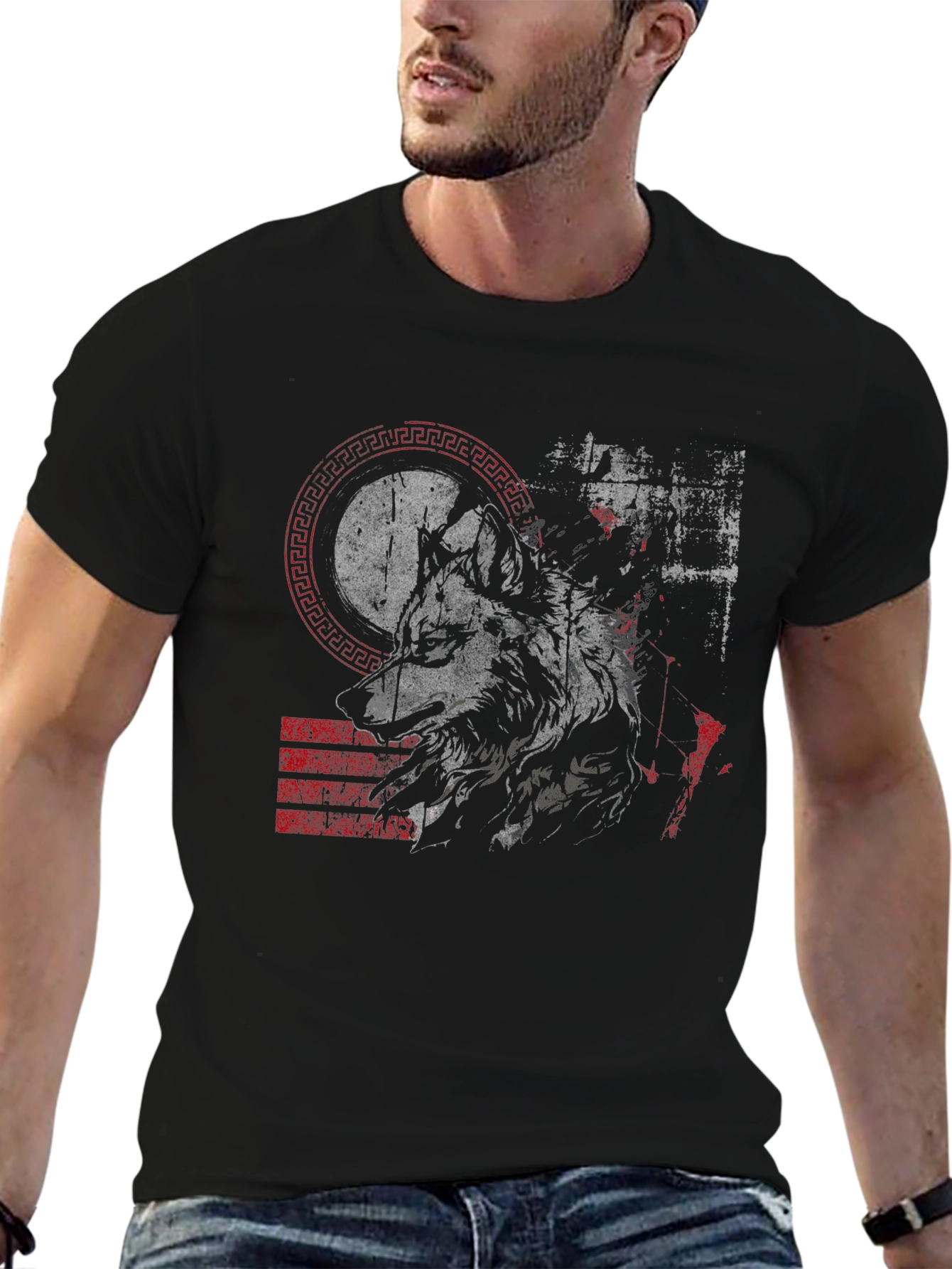 Wolf Graphic Print Mens Black T-Shirt