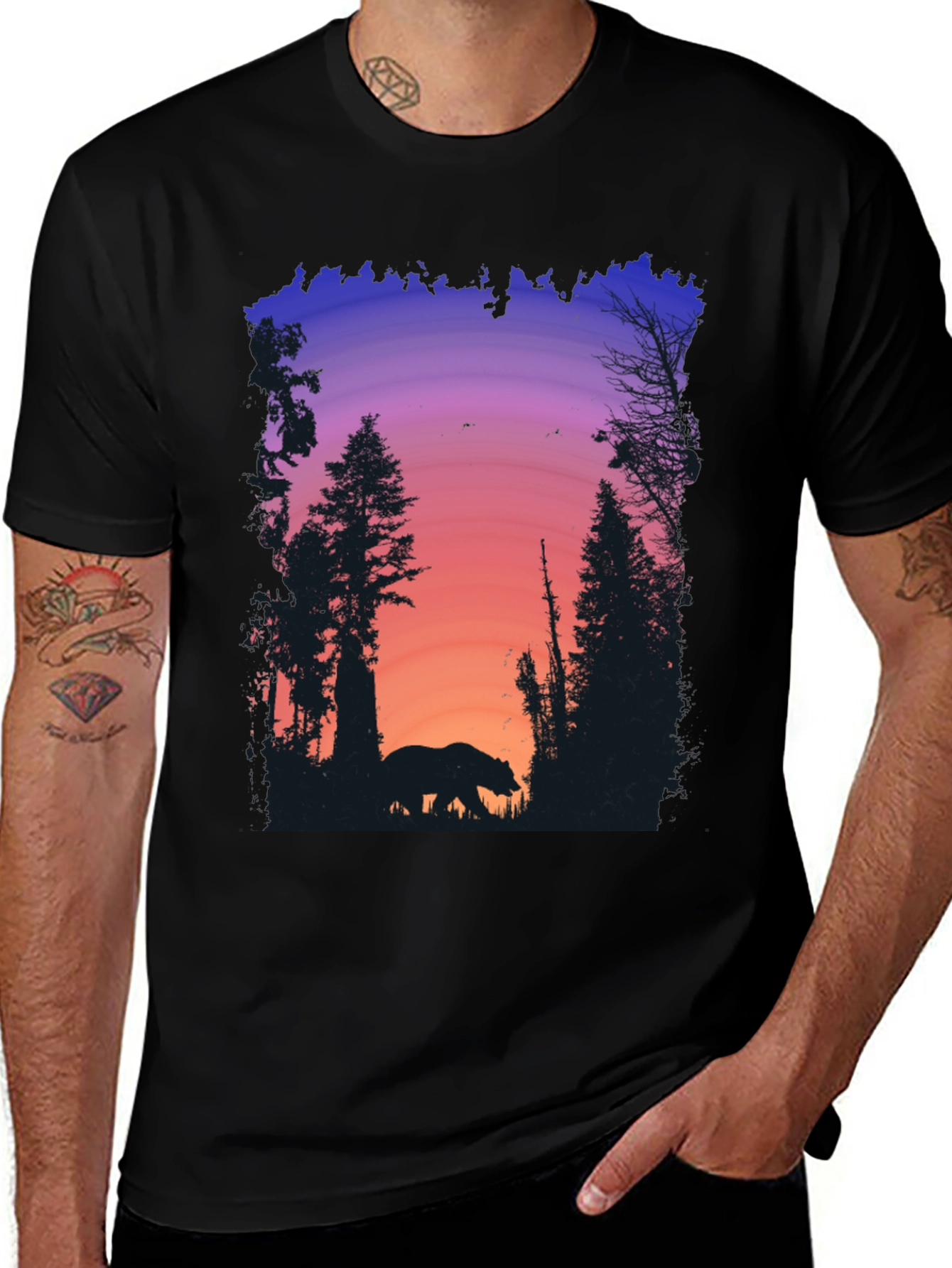 Bear Silhouette Sunset Graphic Tee - Black