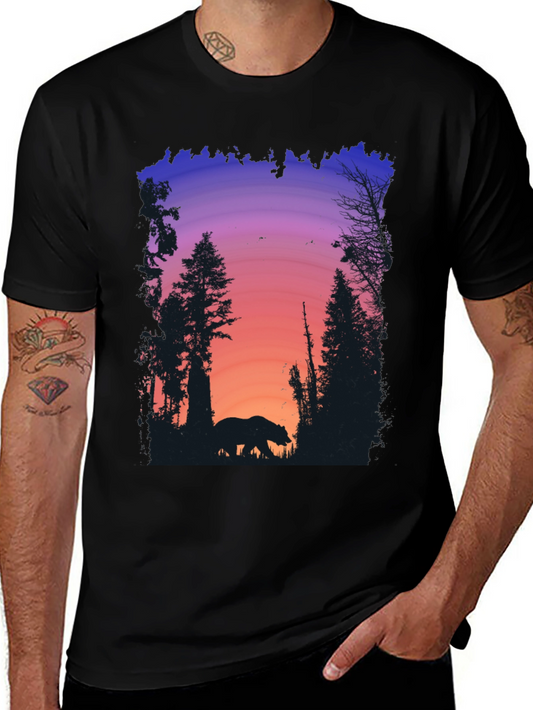 Bear Silhouette Sunset Graphic Tee - Black