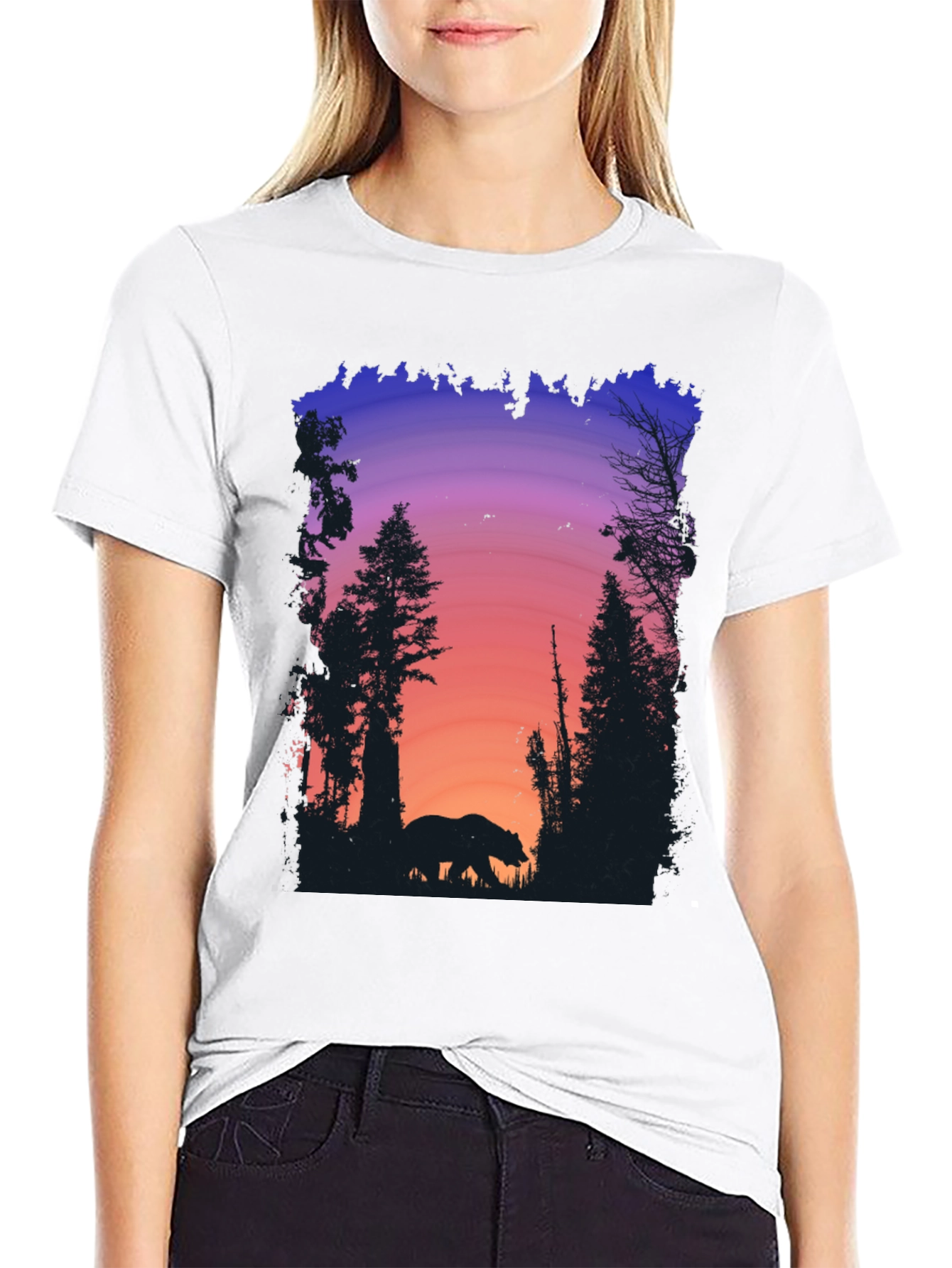 Bear Silhouette Sunset Graphic Tee - Black