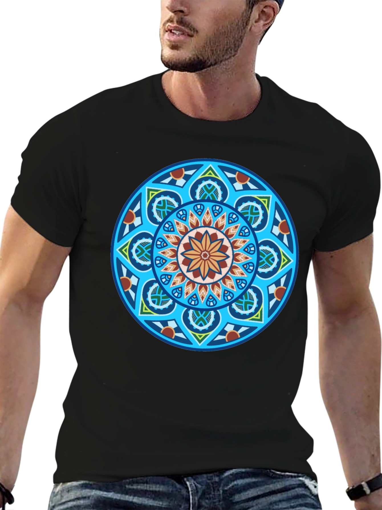Black T-Shirt with Geometric Mandala Graphic