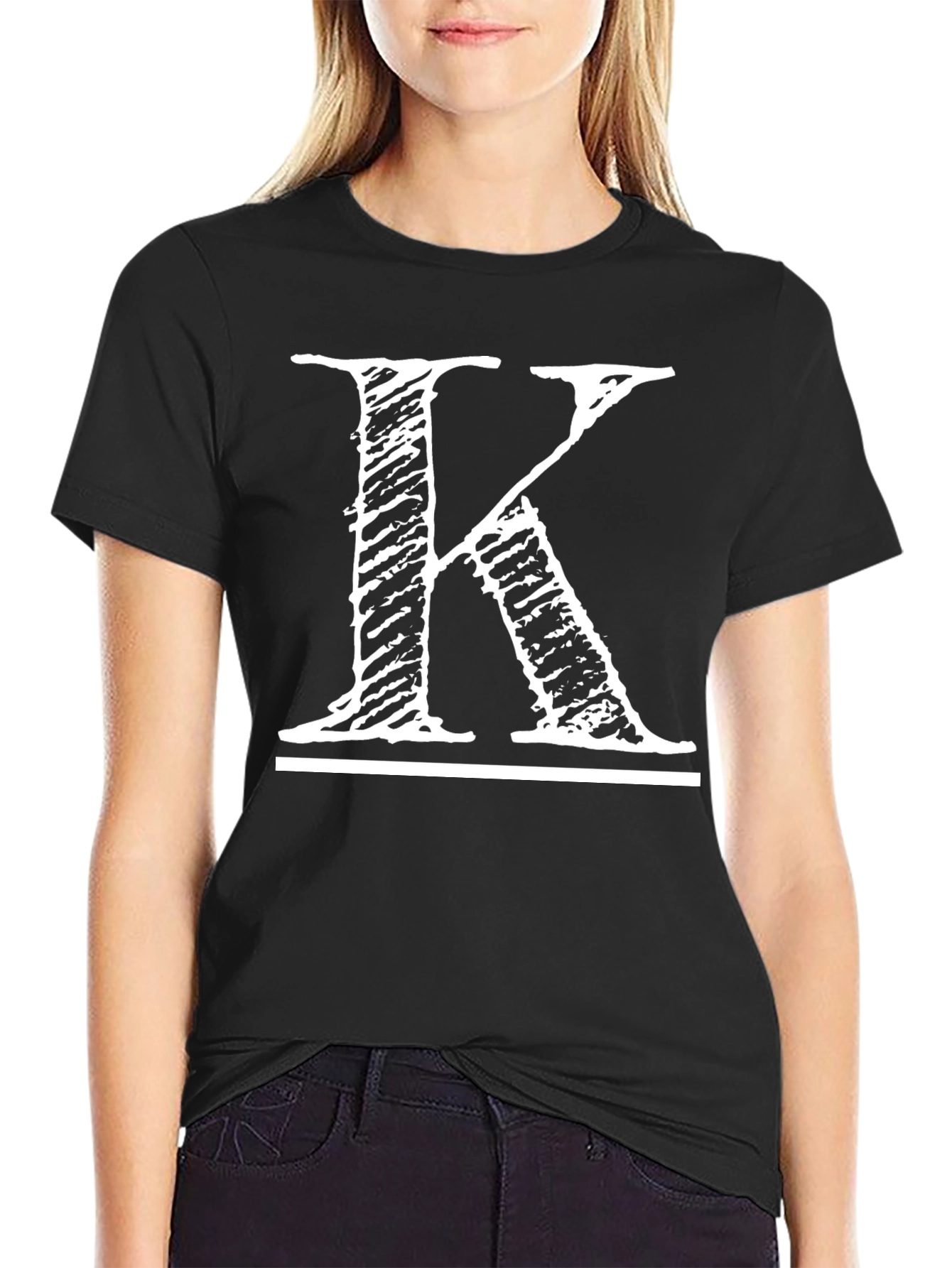 Distressed Letter K Graphic Tee - Casual Black T-Shirt