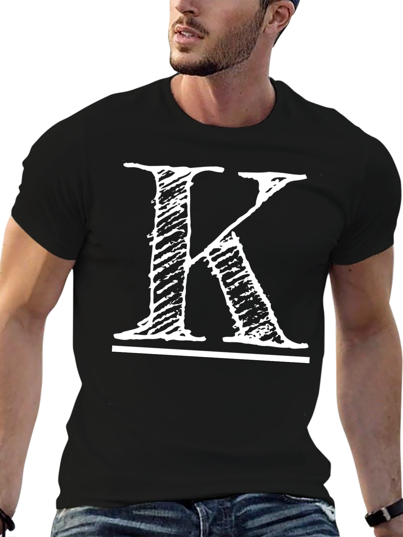 Distressed Letter K Graphic Tee - Casual Black T-Shirt
