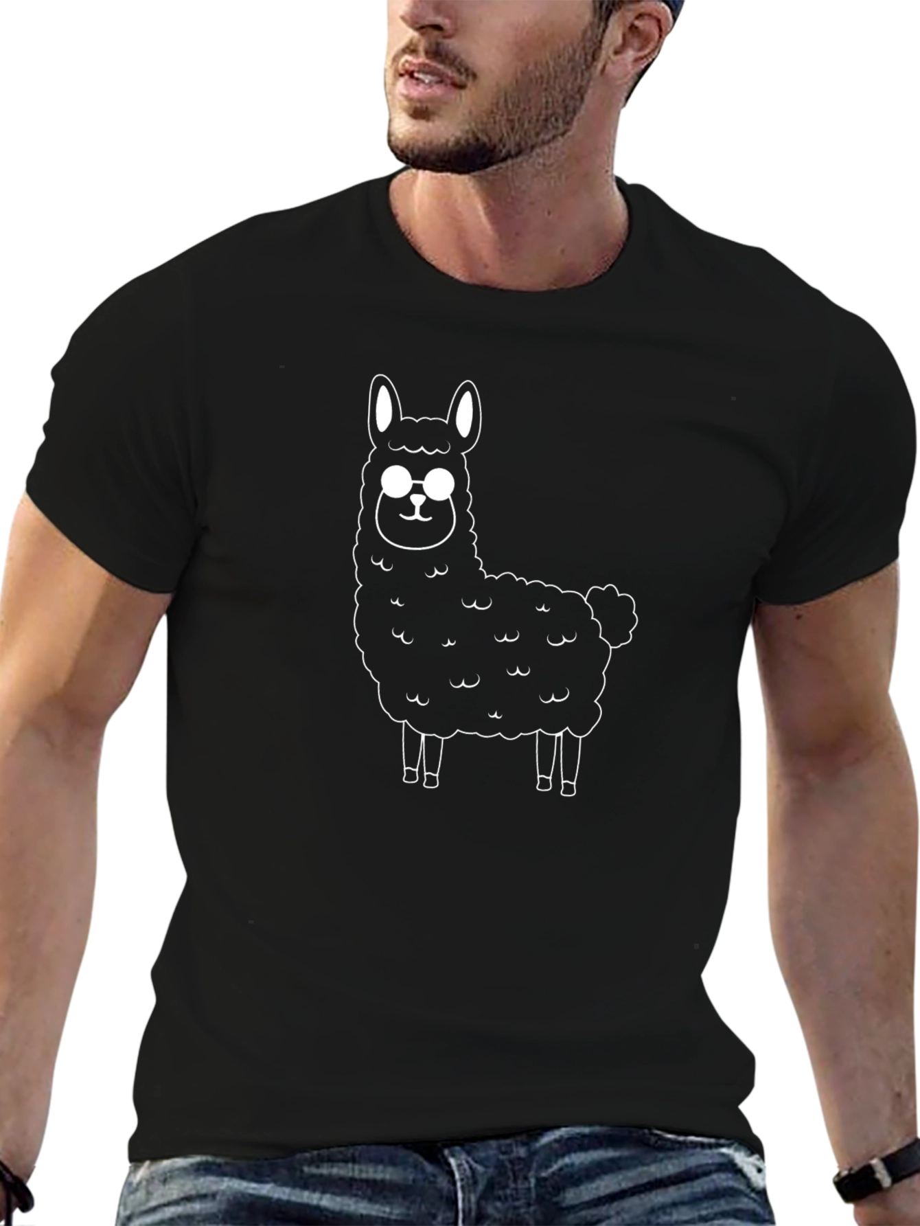 Llama with Glasses Graphic Tee - Black Cotton