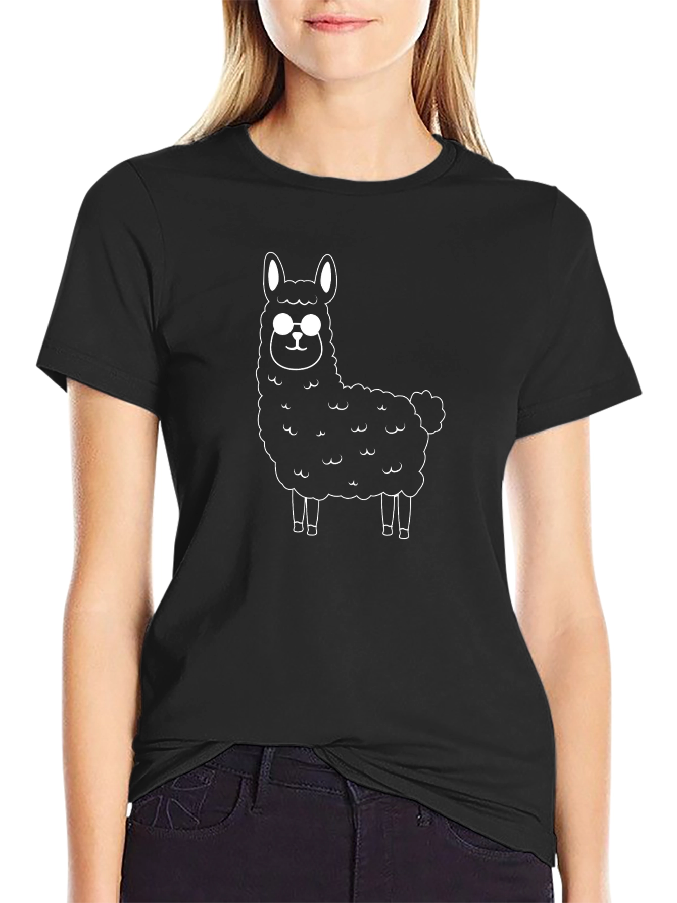Llama with Glasses Graphic Tee - Black Cotton