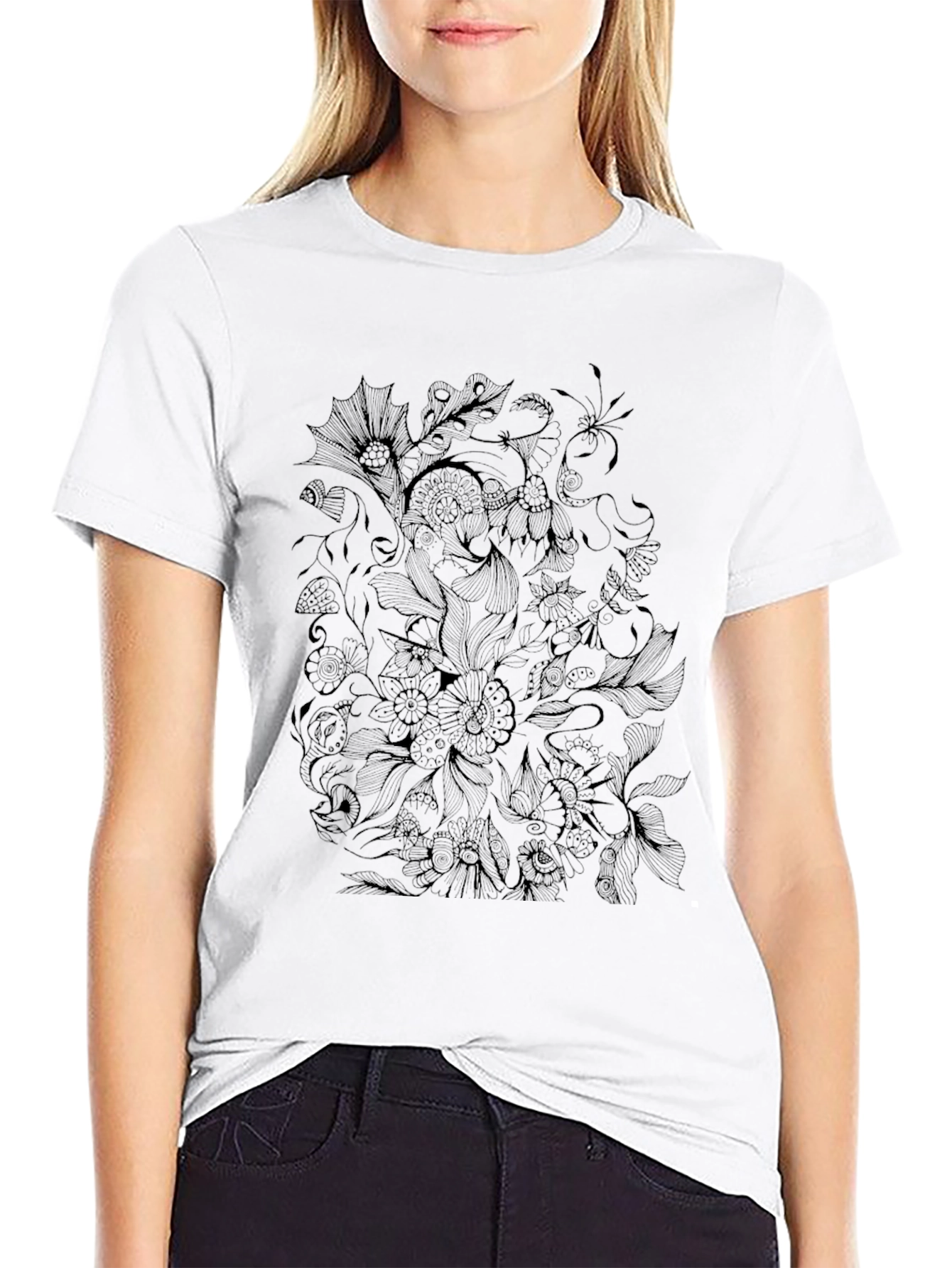 Black Floral Doodle Tee - Unique Graphic Print