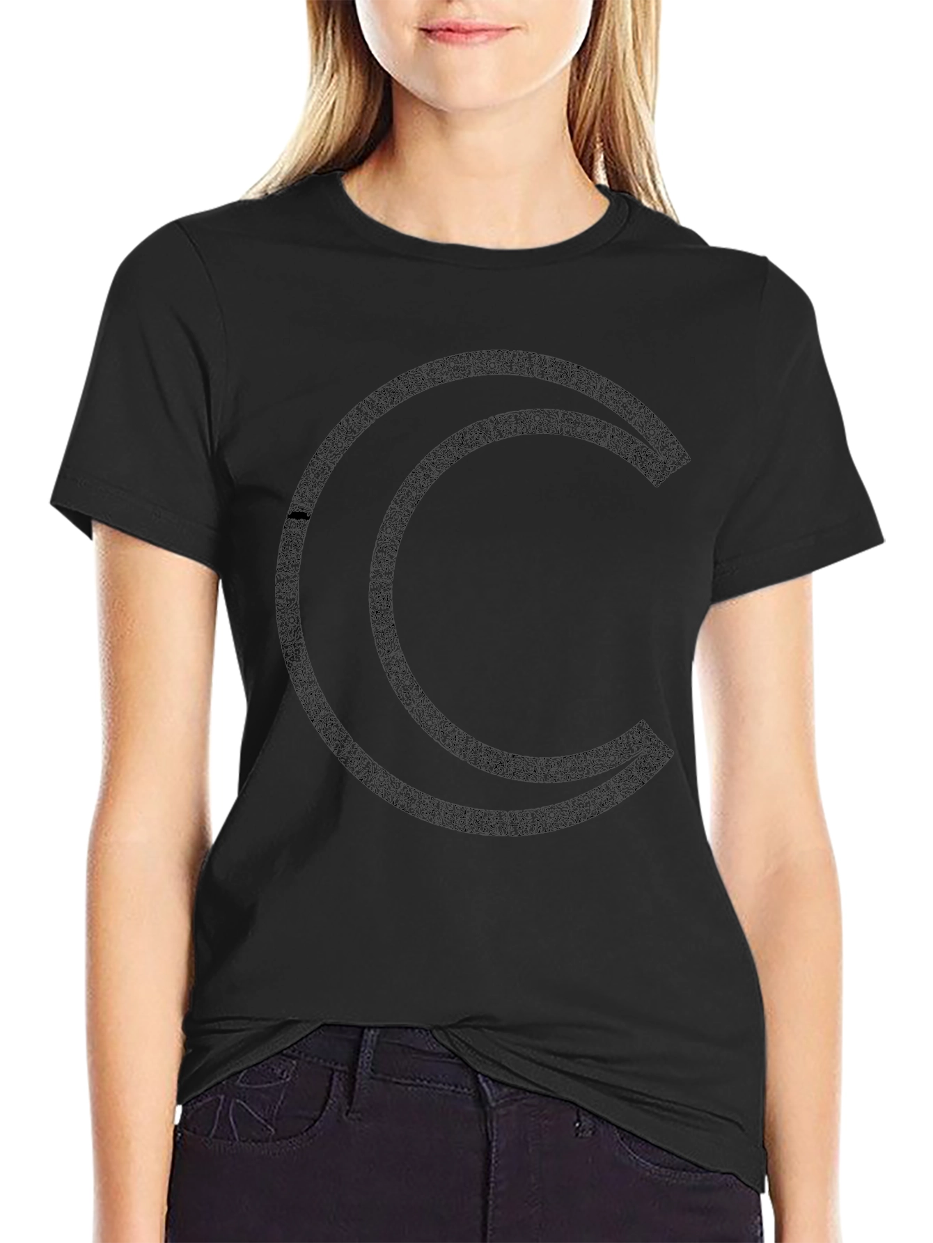 Geometric Crescent Moon Graphic Black T-Shirt