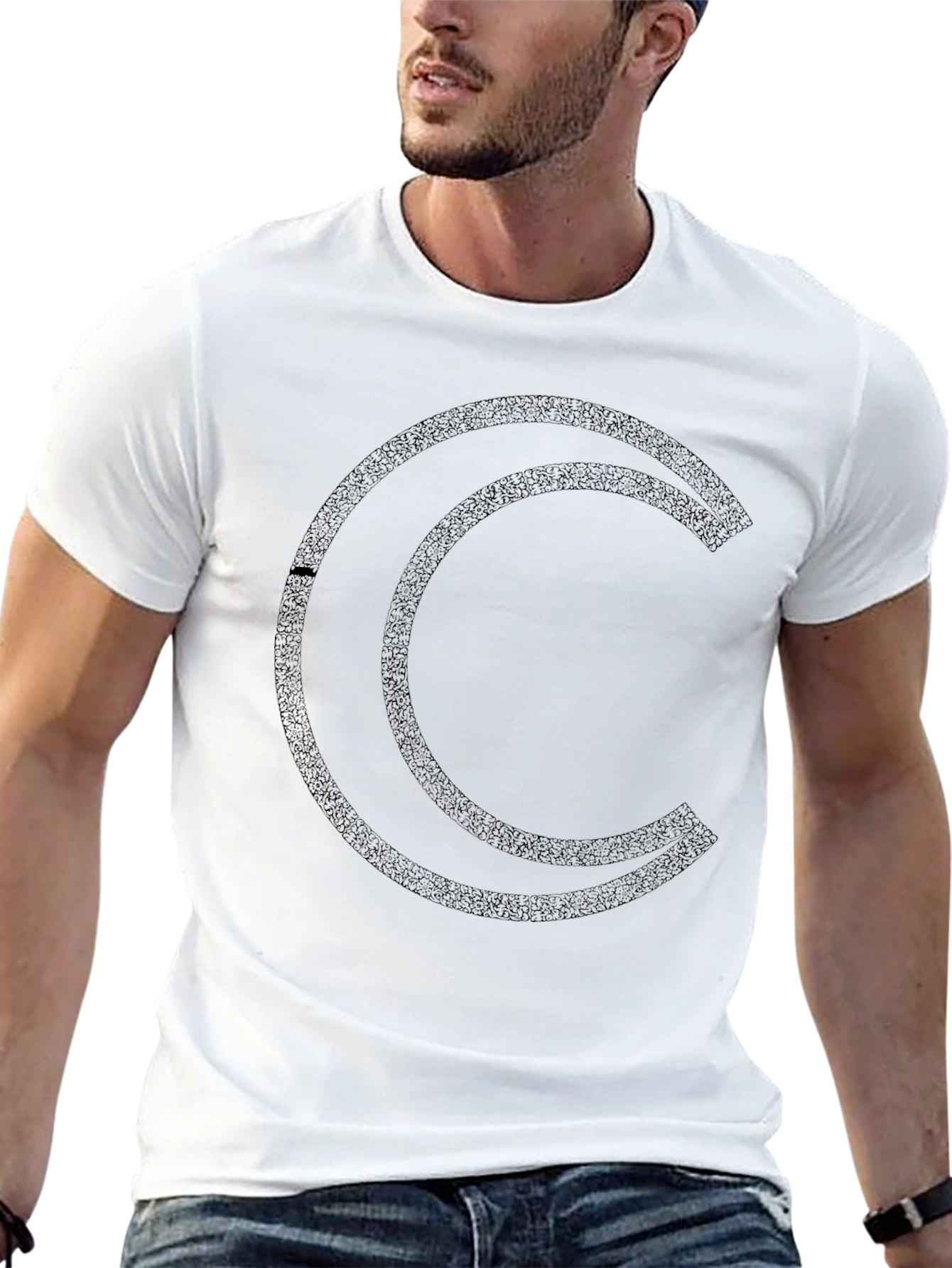Geometric Crescent Moon Graphic Black T-Shirt
