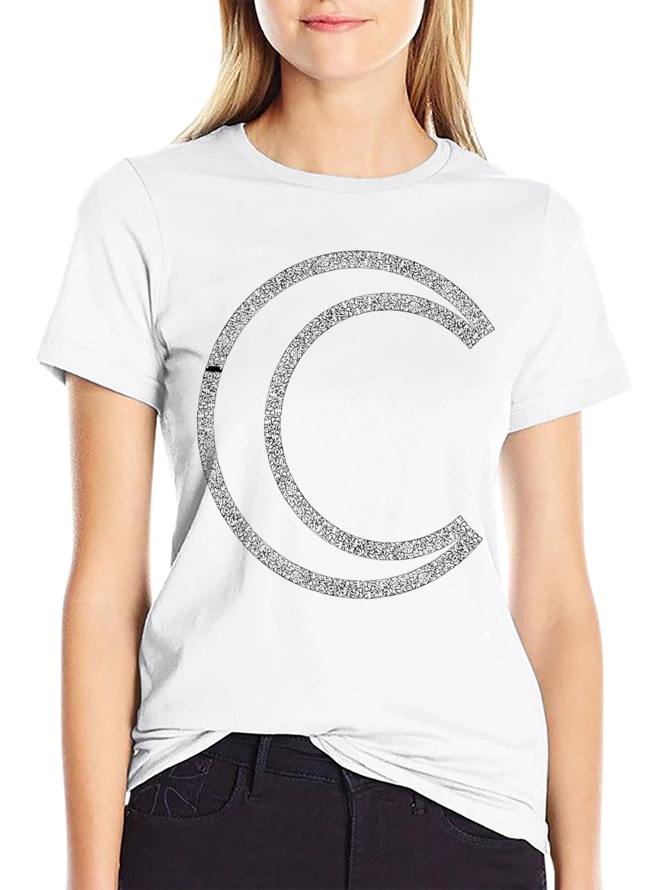 Geometric Crescent Moon Graphic Black T-Shirt