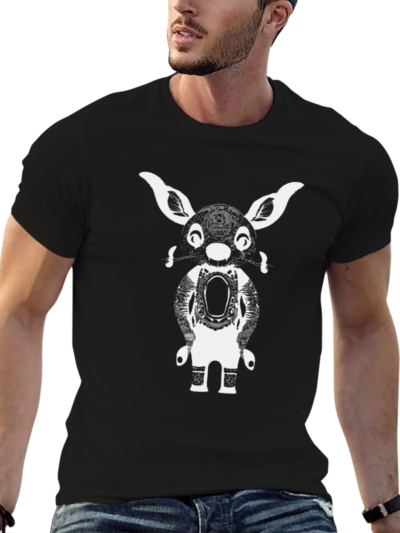 Graphic Tee: Abstract Bunny Robot Black T-Shirt