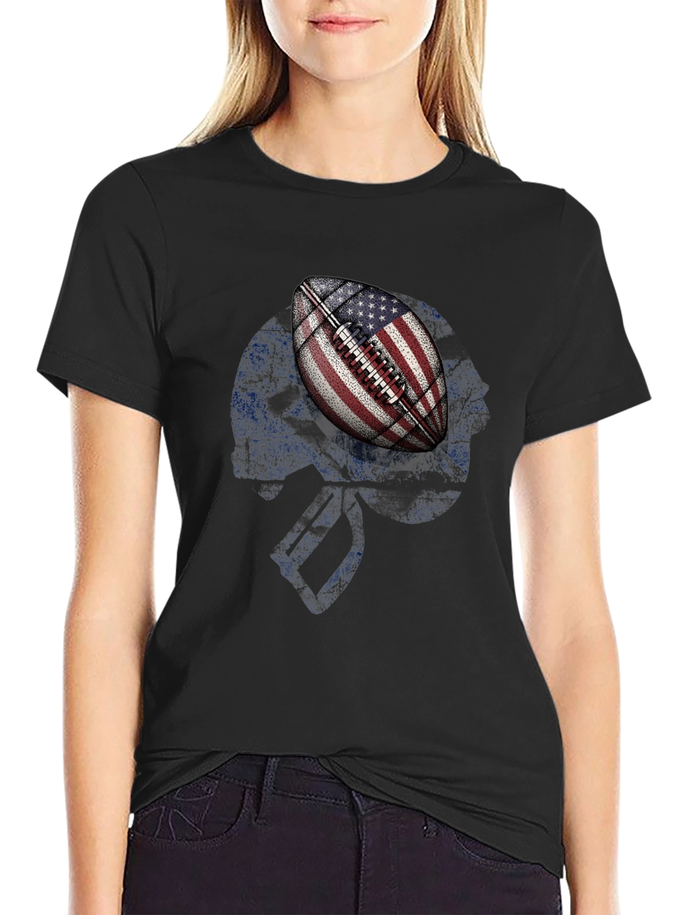 American Flag Football Skull Graphic T-Shirt