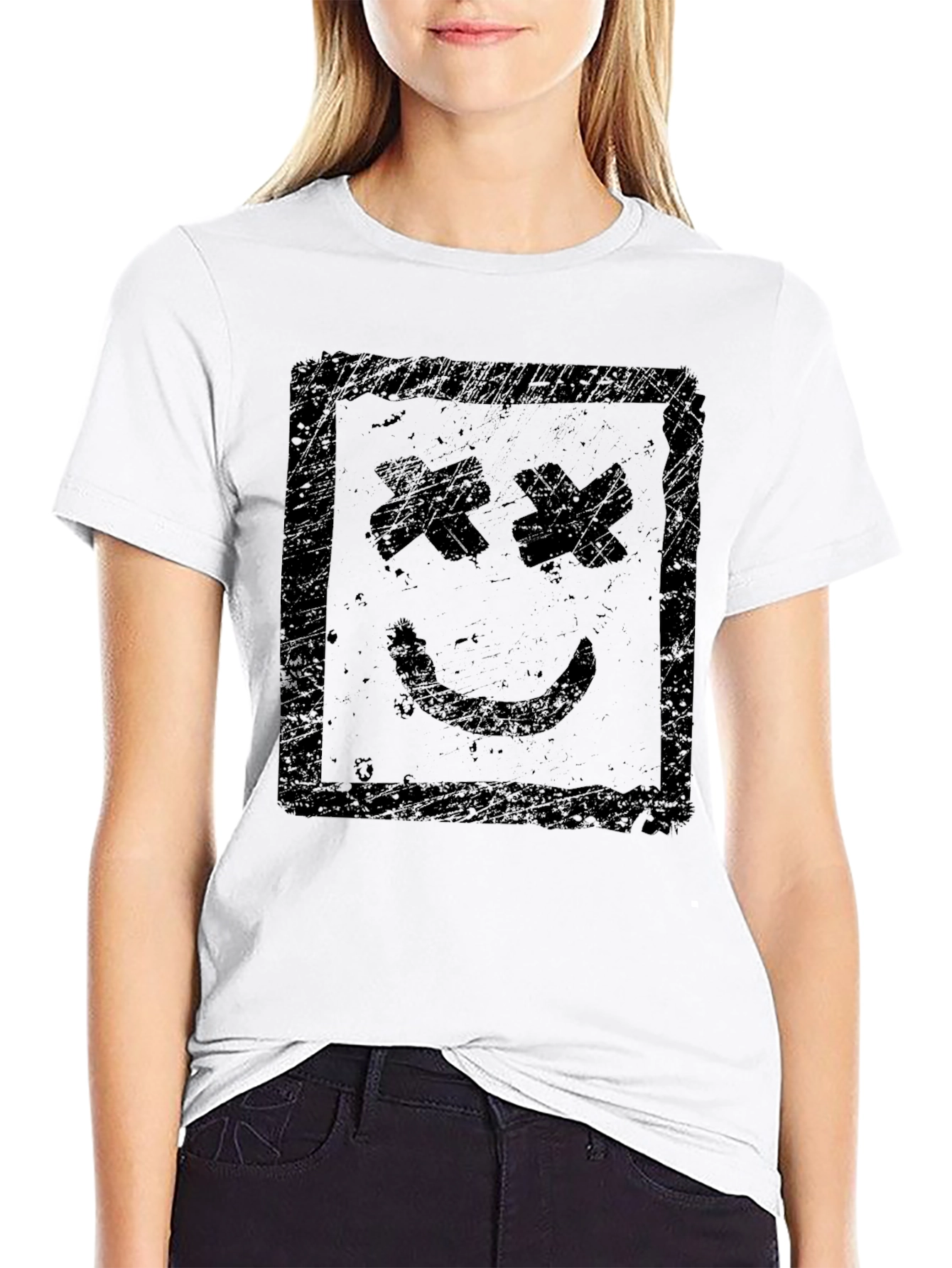 Distressed Smiley Face Graphic Black T-Shirt