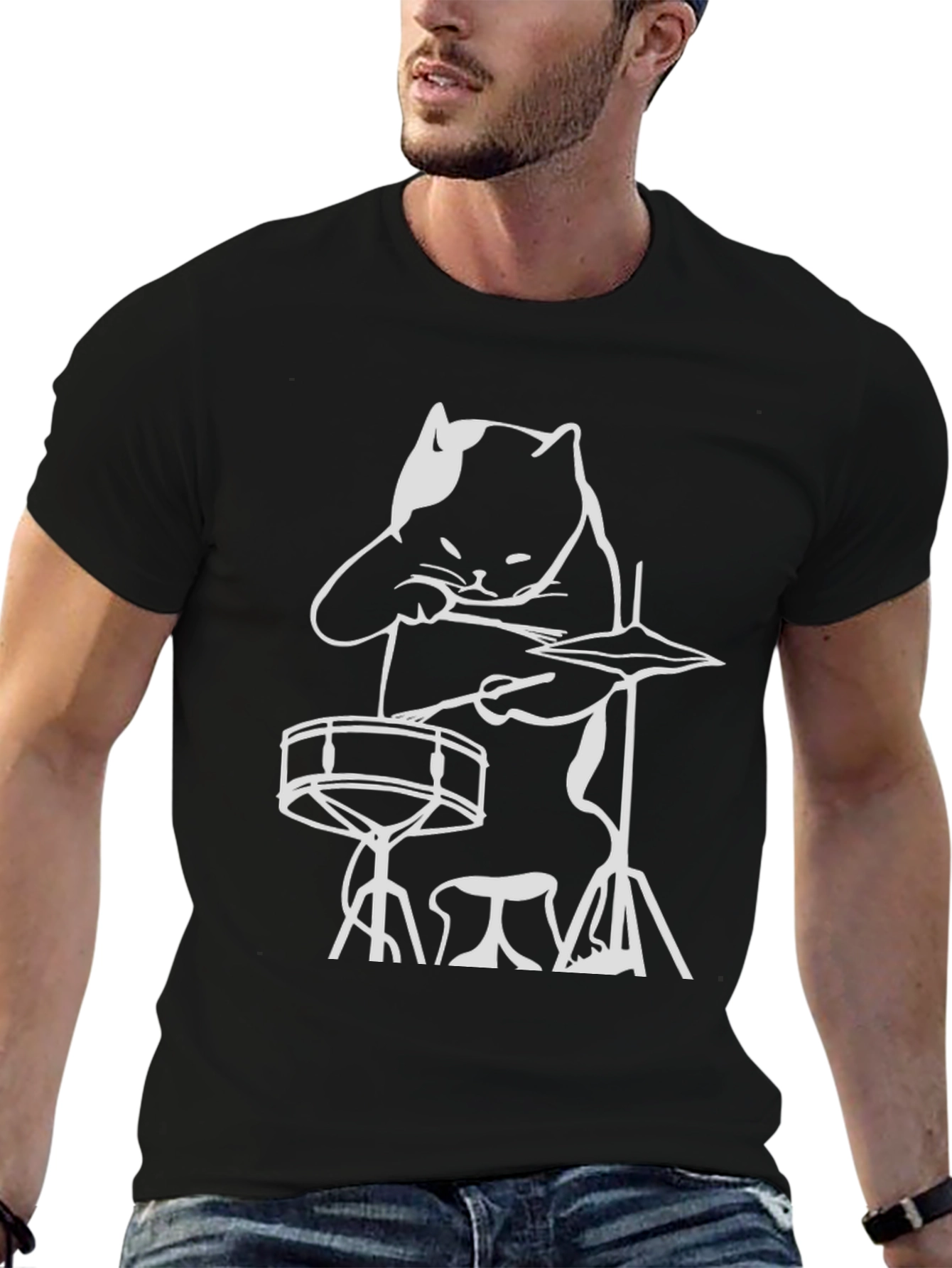 Drummer Cat Graphic Tee - Cool Musician T-Shirt