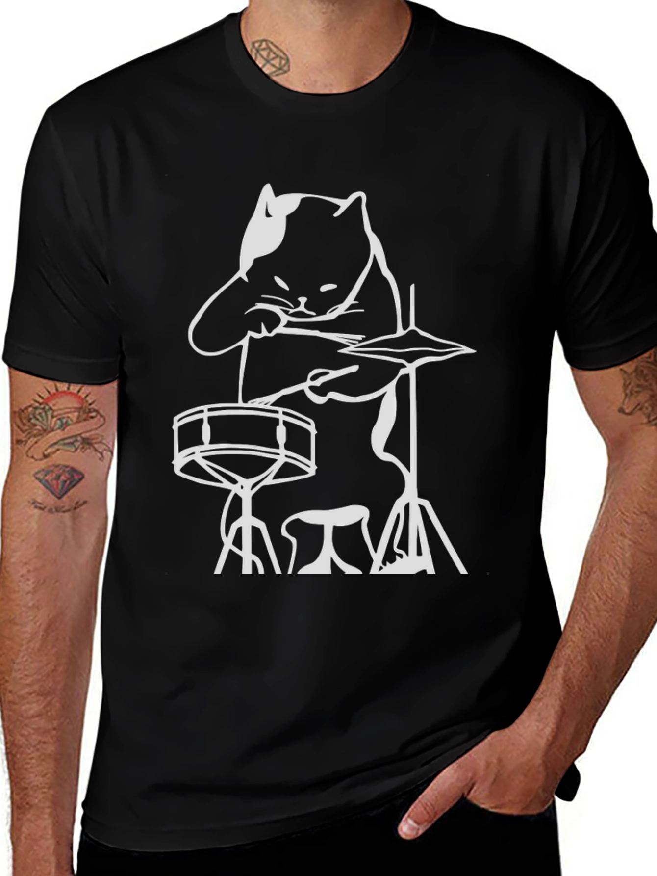 Drummer Cat Graphic Tee - Cool Musician T-Shirt