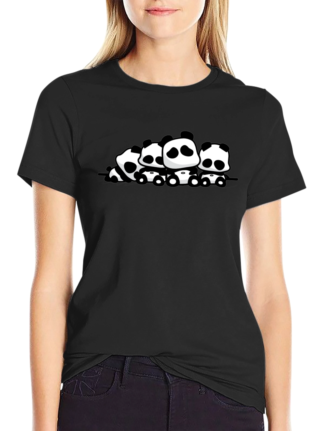 Cute Panda Family Graphic Black T-Shirt