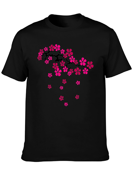 Black Tee with Pink Cherry Blossom Design