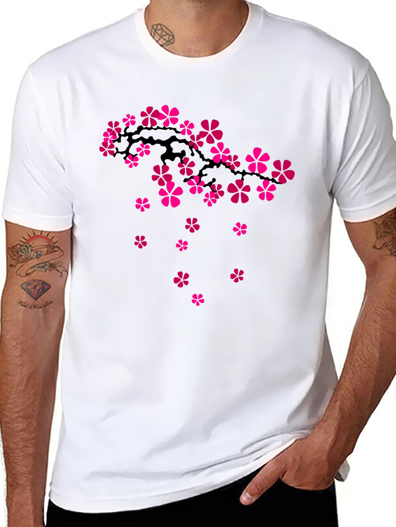 Black Tee with Pink Cherry Blossom Design